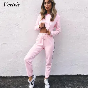 2018 Sexy Women's Tracksuit Cropped Tops Pullover Hoodies Drawstring Pants Patchwork Sport Running Fitness Suits Autumn