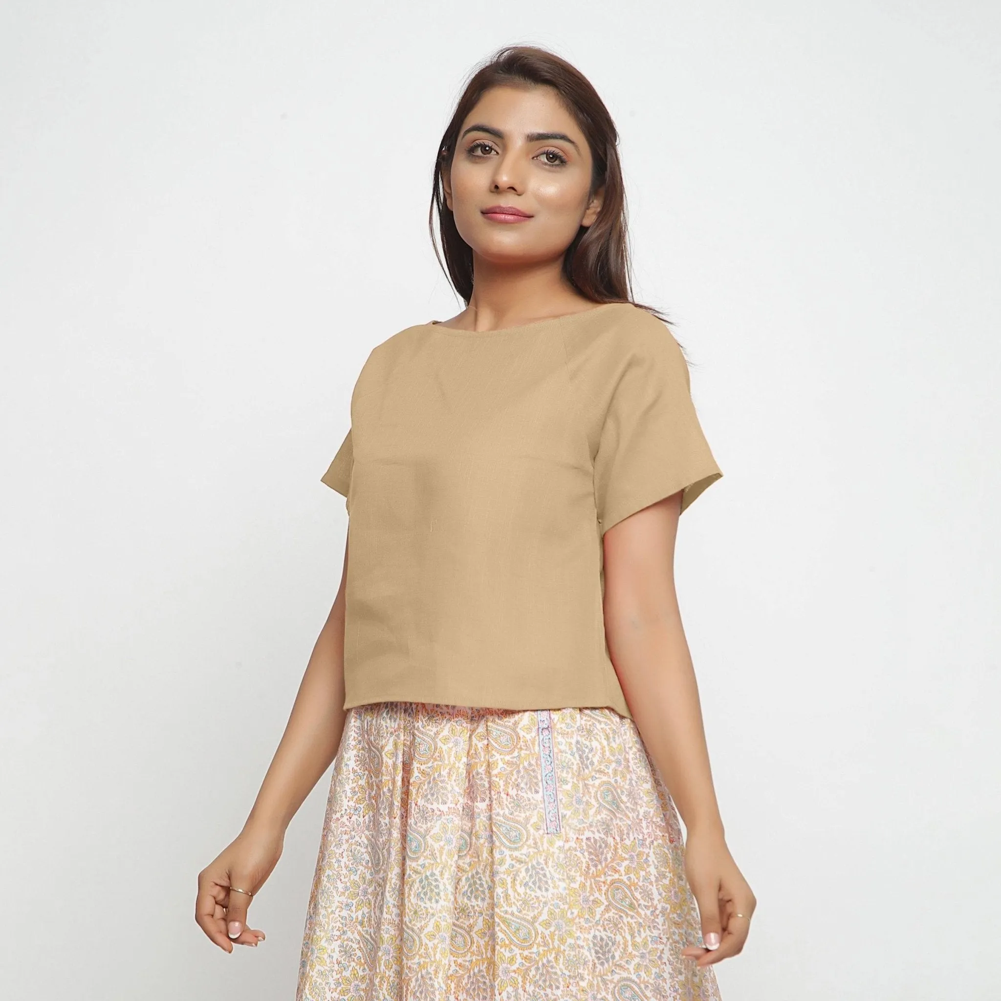 Beige Boat Neck Half Sleeve 100% Cotton Top
