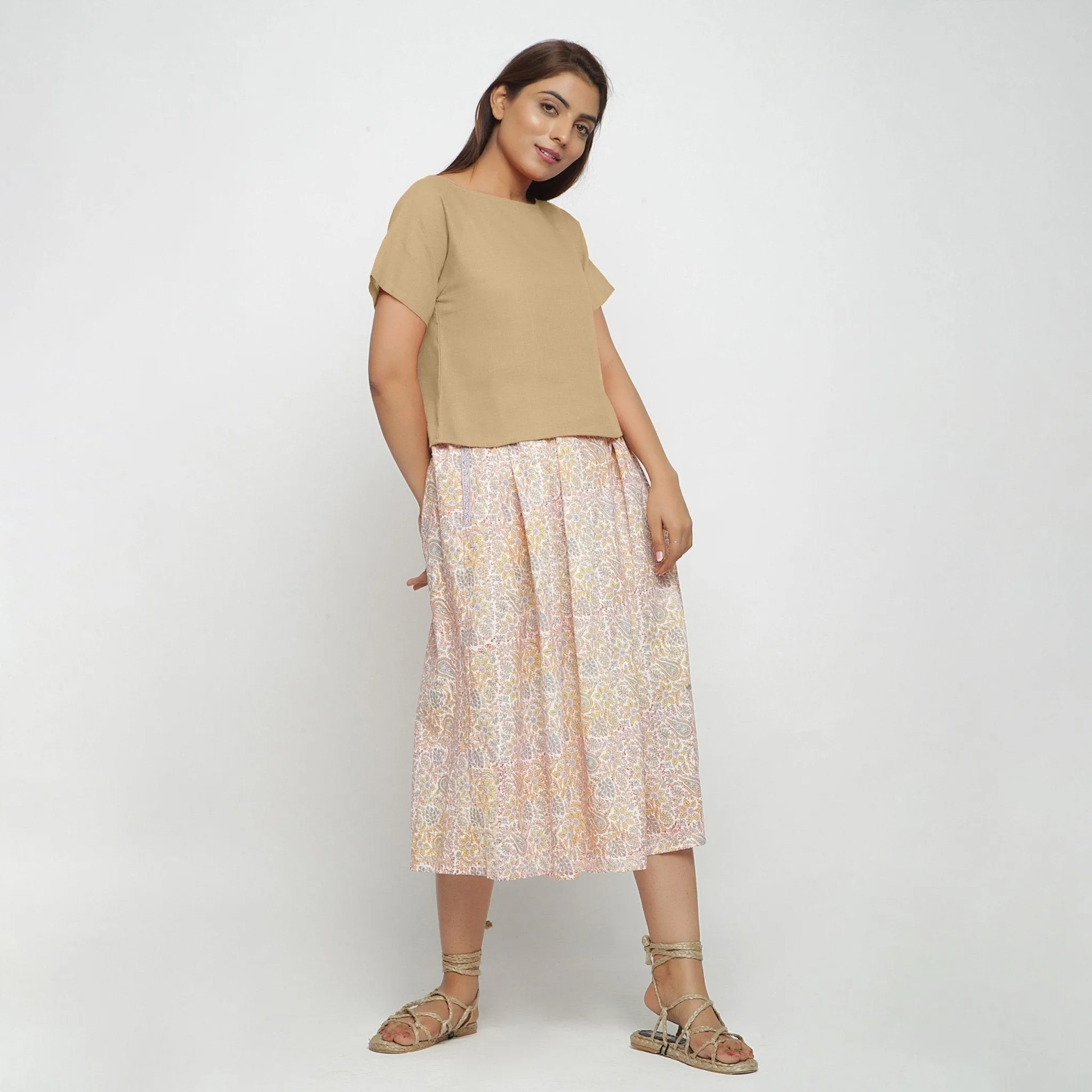 Beige Boat Neck Half Sleeve 100% Cotton Top