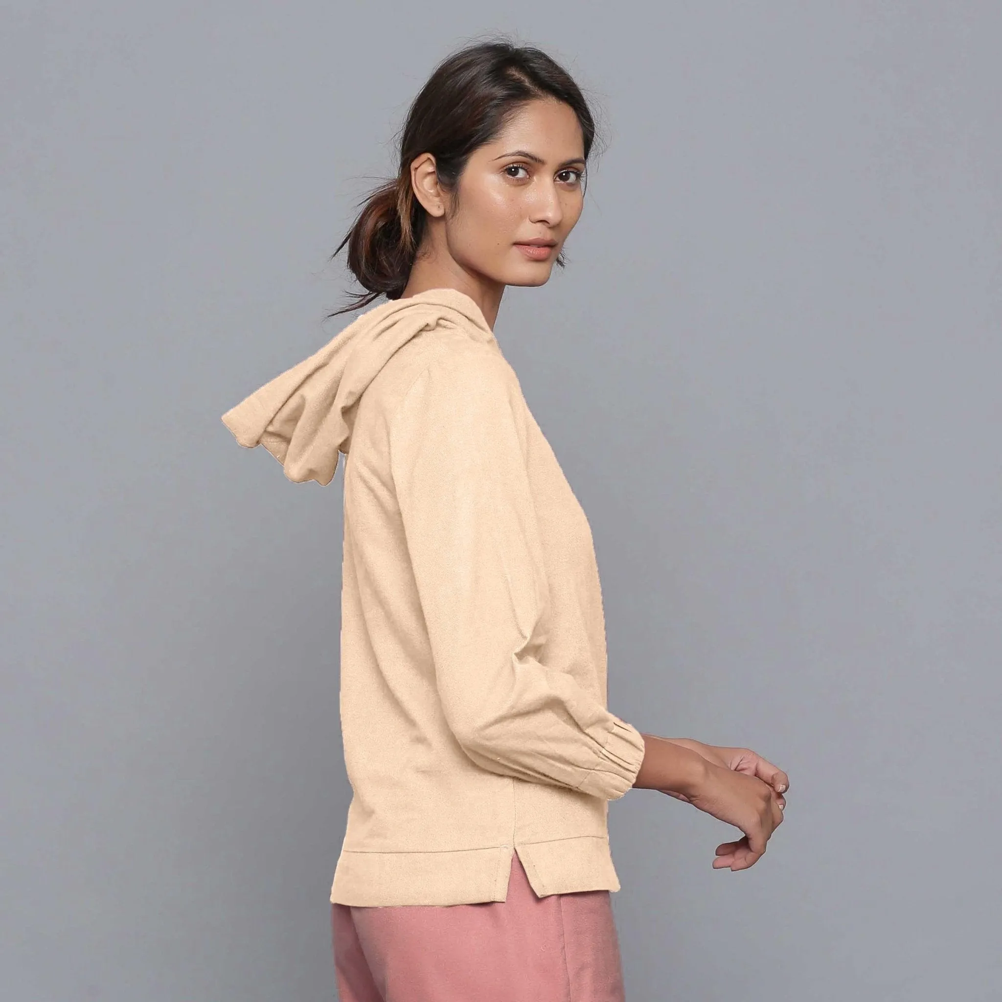 Beige Warm Cotton Flannel Bracelet Sleeve Hoodie Top
