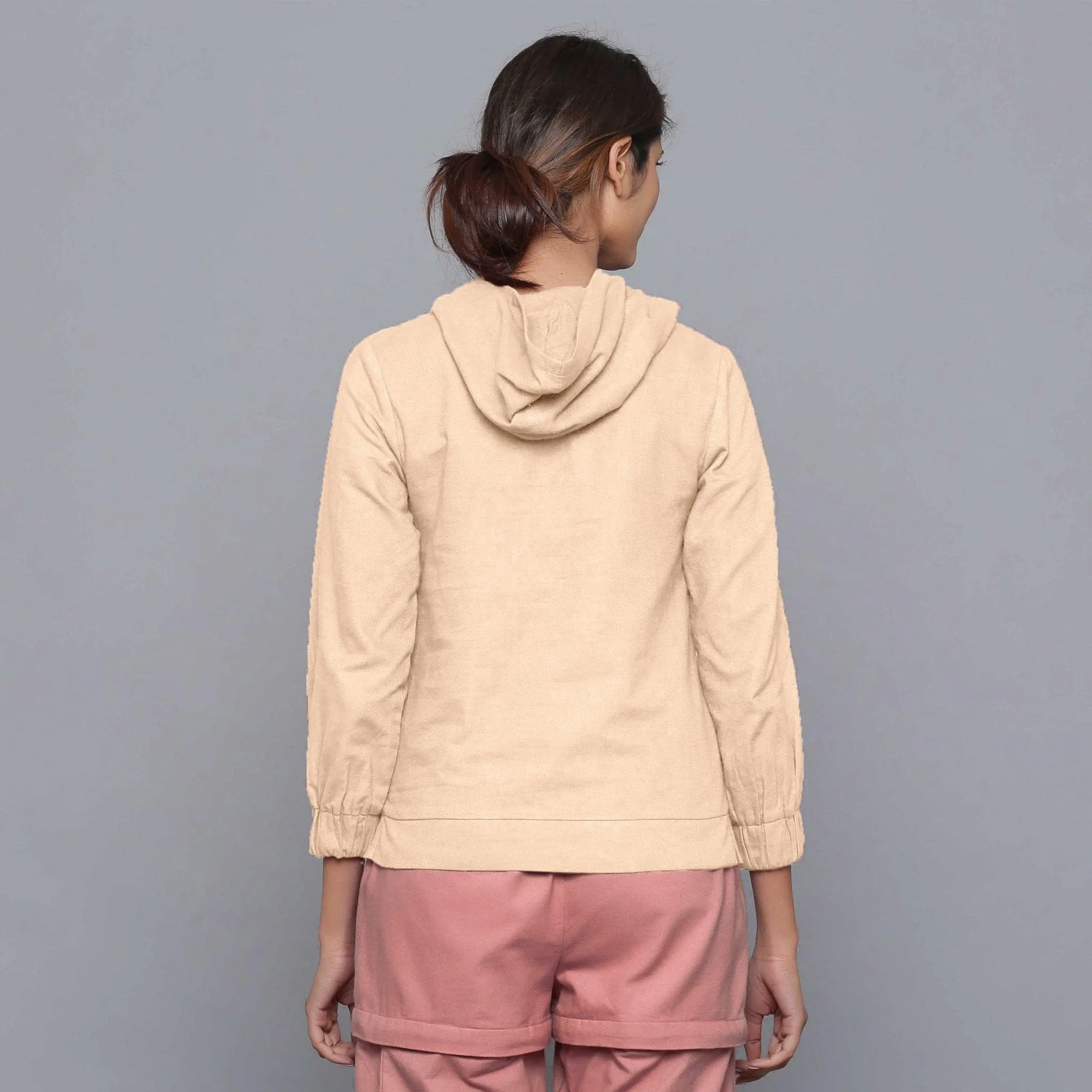 Beige Warm Cotton Flannel Bracelet Sleeve Hoodie Top