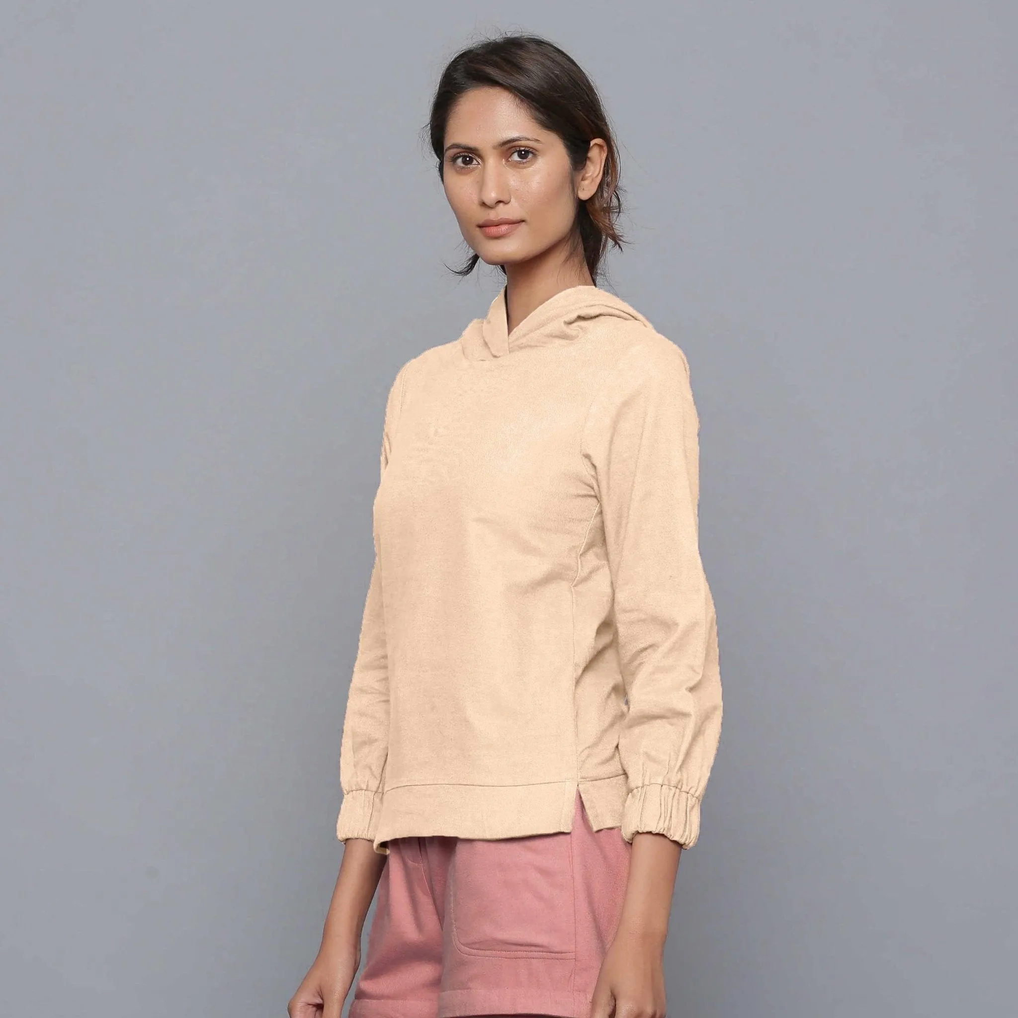 Beige Warm Cotton Flannel Bracelet Sleeve Hoodie Top