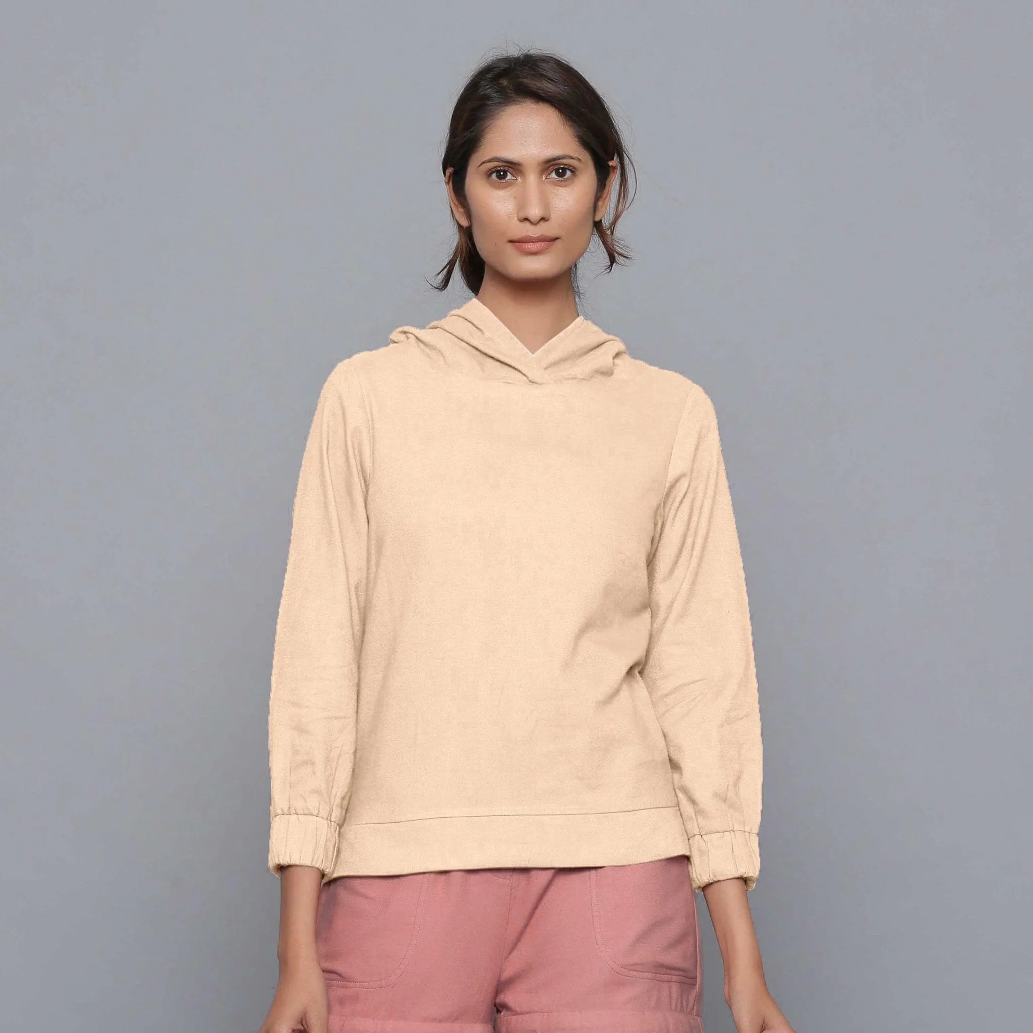 Beige Warm Cotton Flannel Bracelet Sleeve Hoodie Top