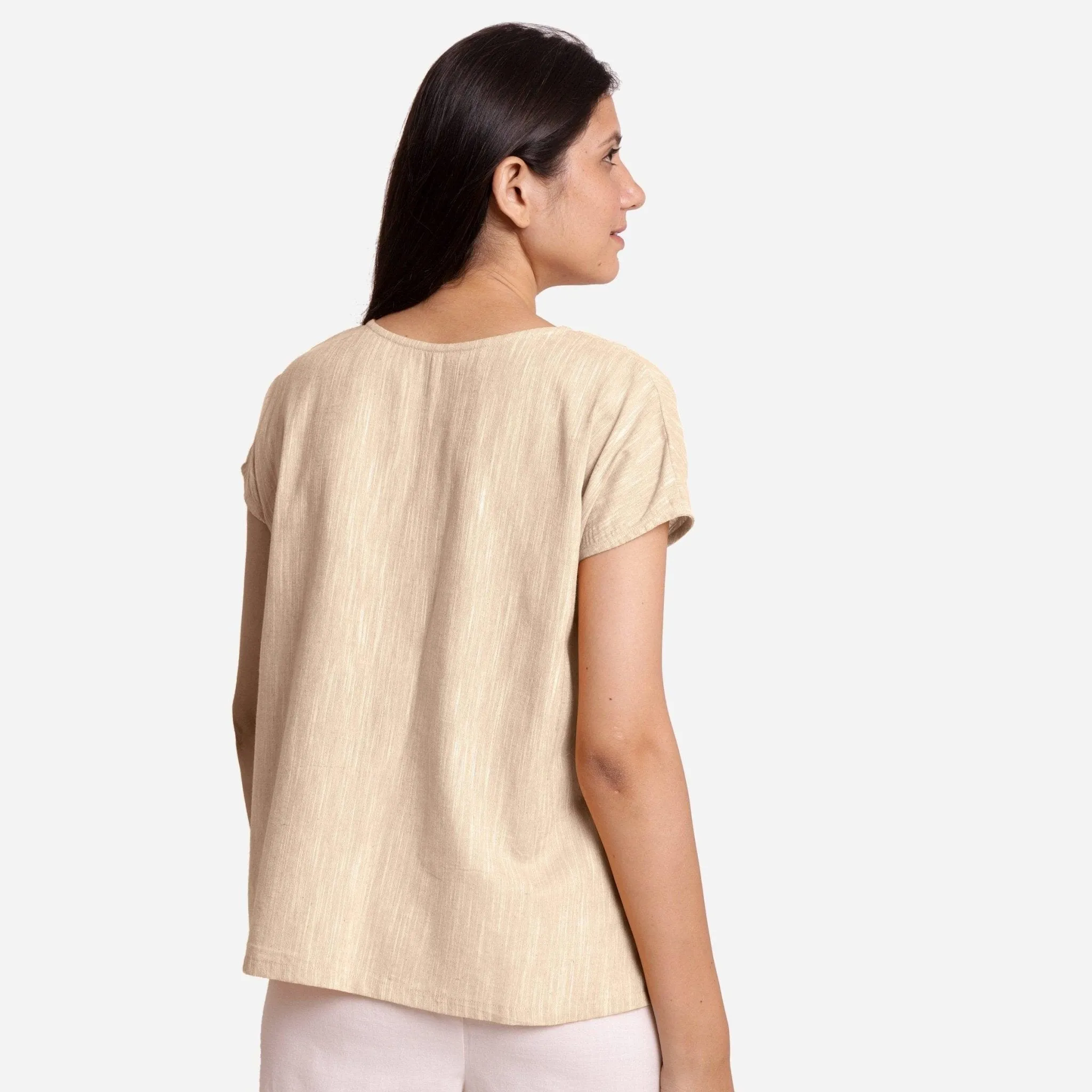 Beige Yarn Dyed 100% Cotton Boat Neck A-Line Top