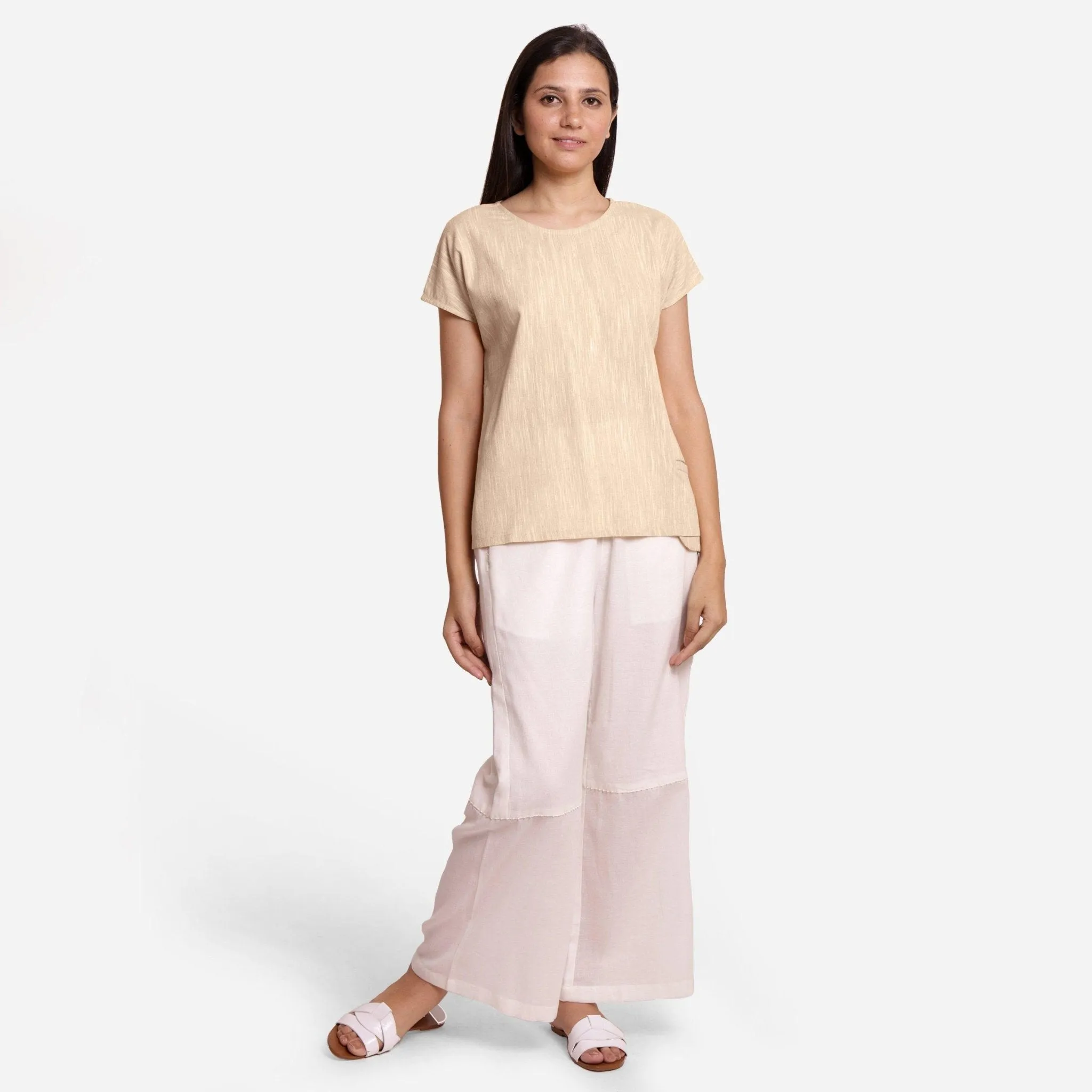 Beige Yarn Dyed 100% Cotton Boat Neck A-Line Top