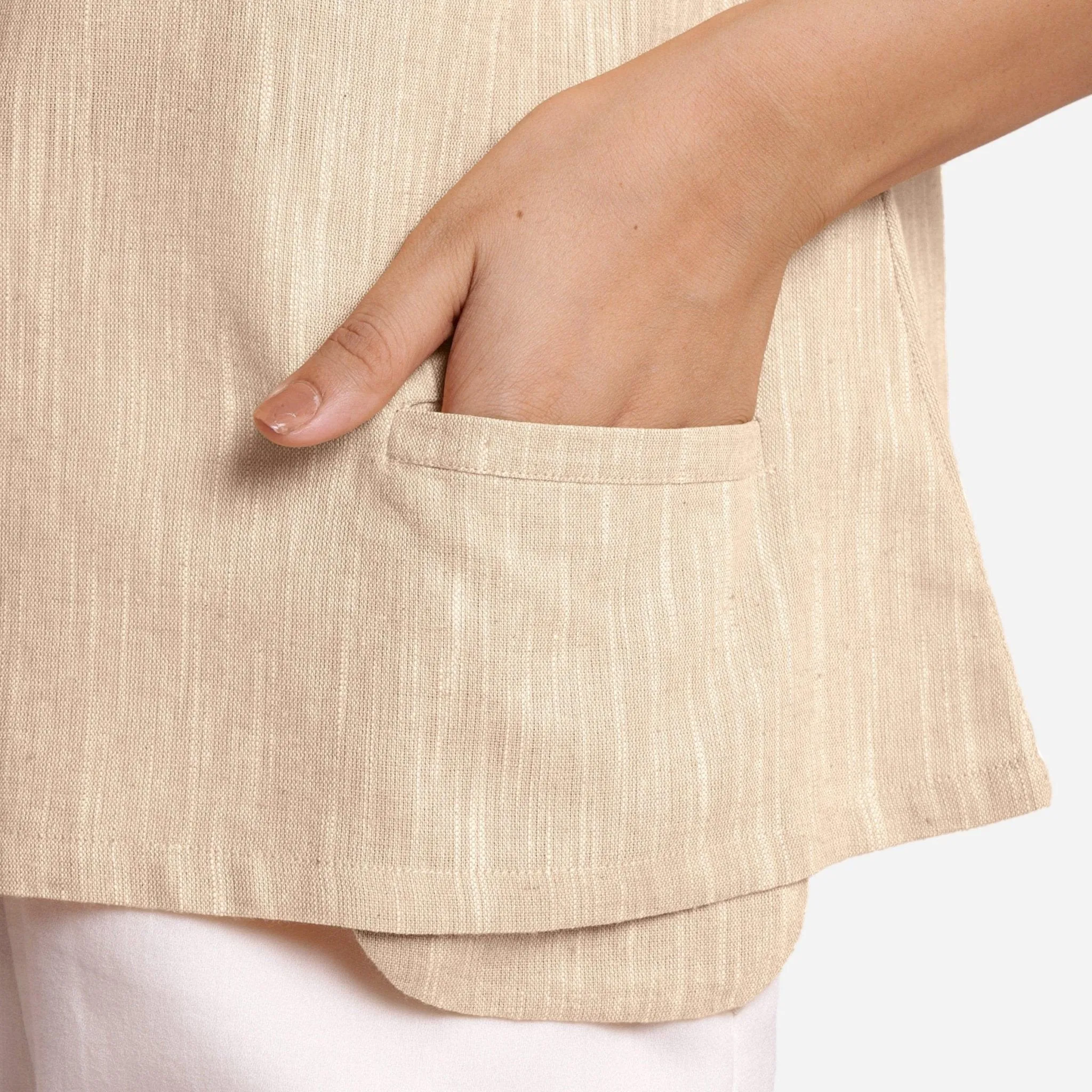 Beige Yarn Dyed 100% Cotton Boat Neck A-Line Top