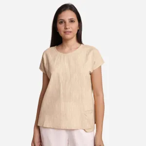 Beige Yarn Dyed 100% Cotton Boat Neck A-Line Top