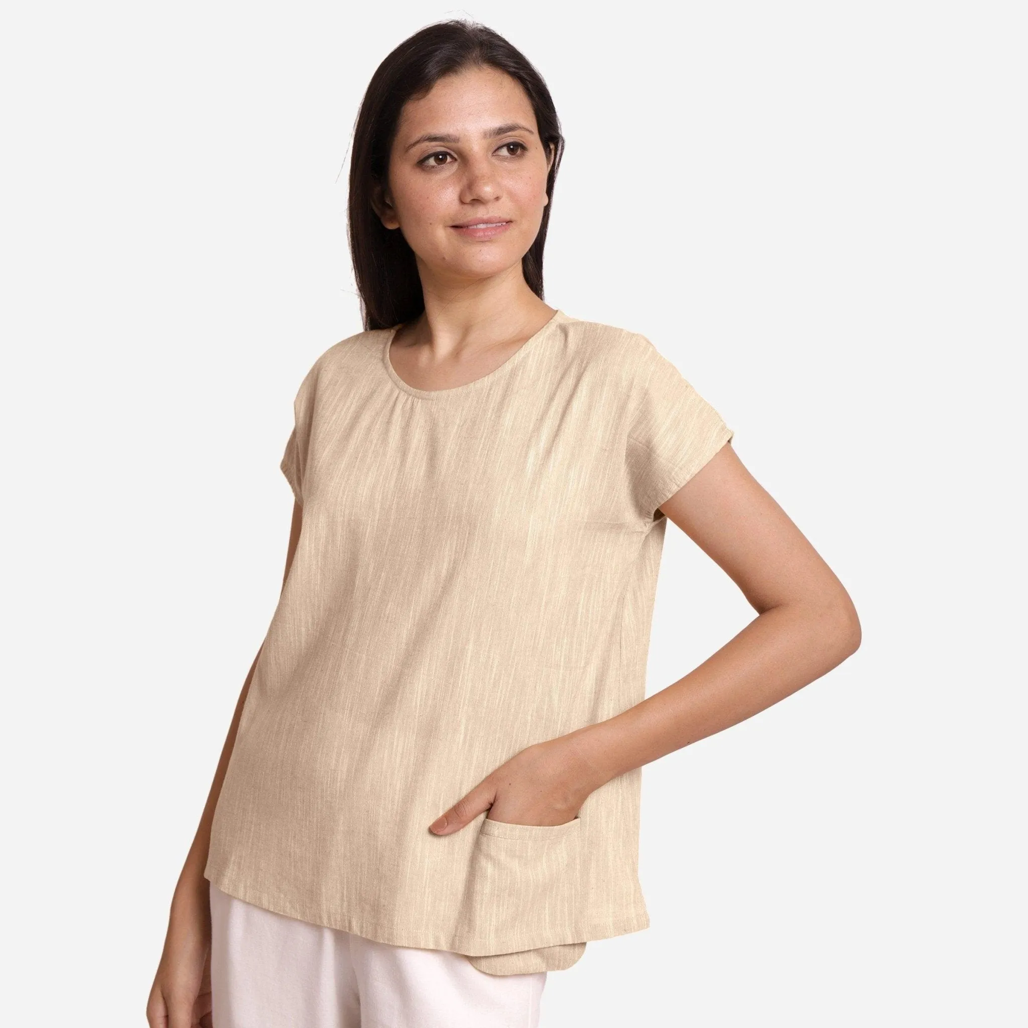 Beige Yarn Dyed 100% Cotton Boat Neck A-Line Top