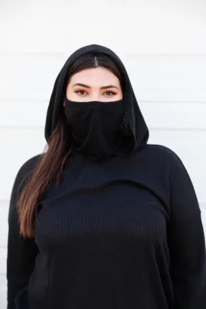 Black Mask Neck Detail Hooded Sweater