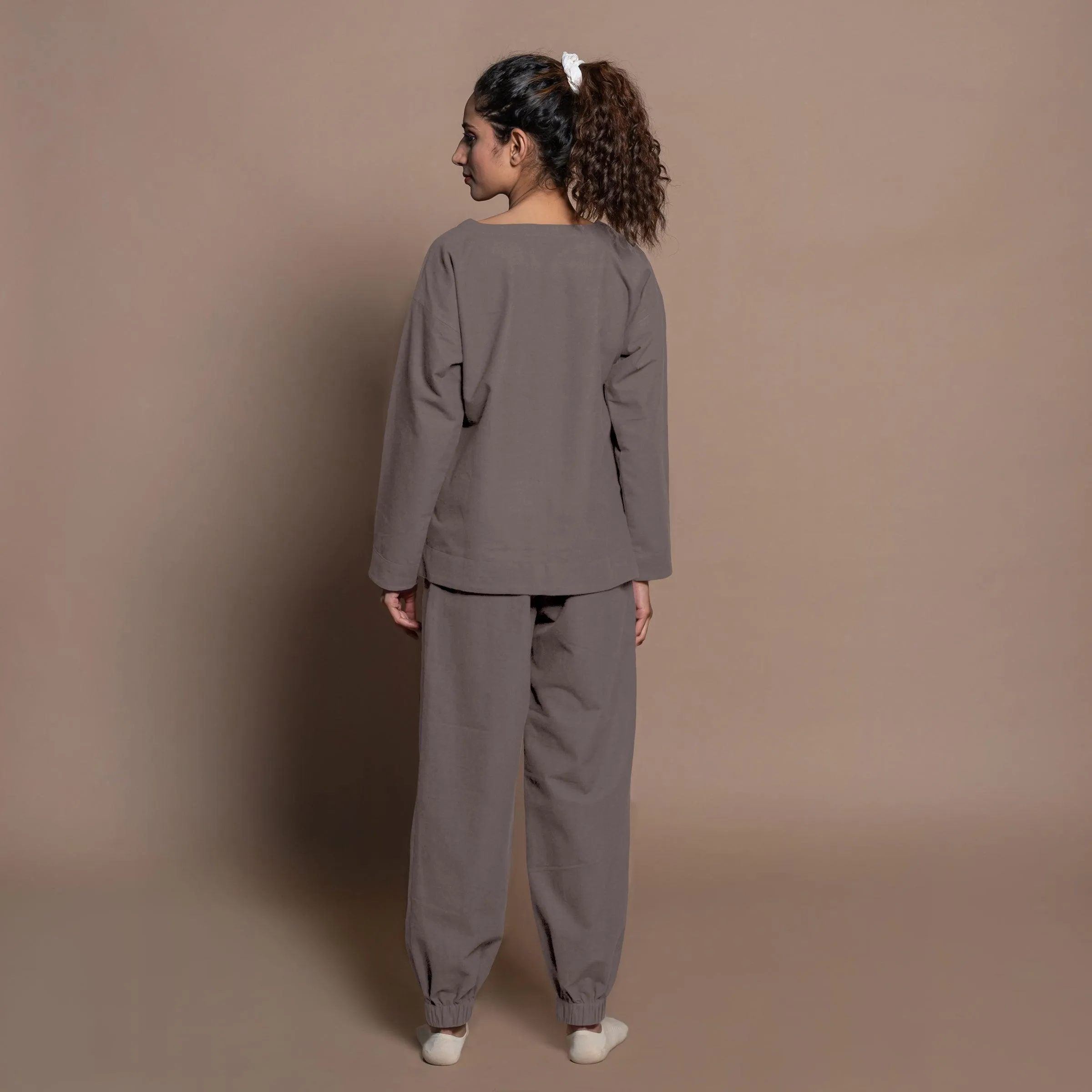 Charcoal Grey Warm Cotton Flannel Round Neck Sweatshirt