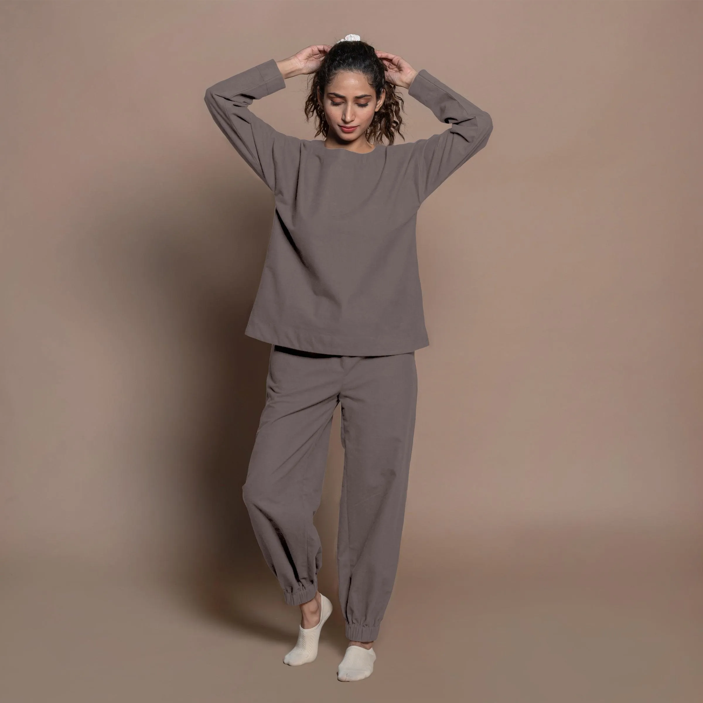 Charcoal Grey Warm Cotton Flannel Round Neck Sweatshirt