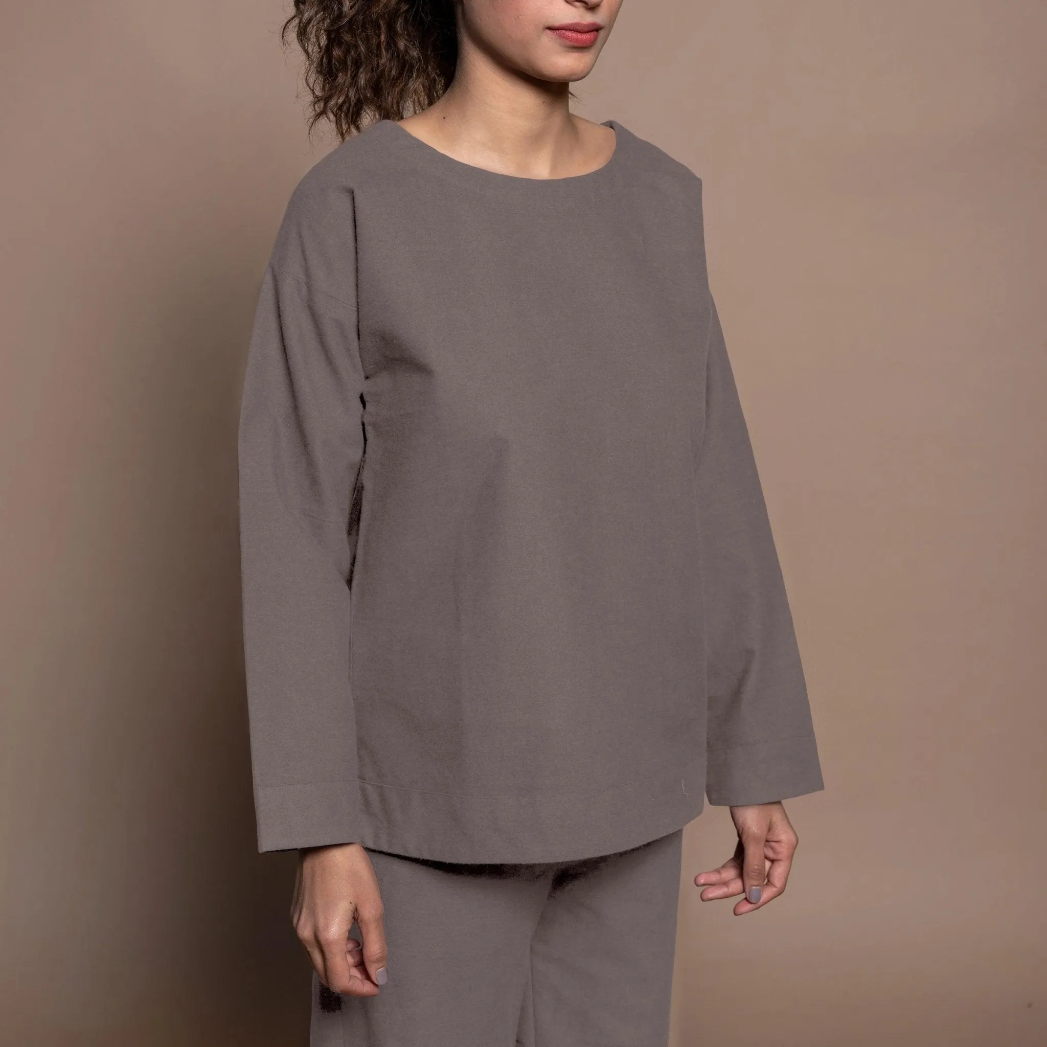 Charcoal Grey Warm Cotton Flannel Round Neck Sweatshirt