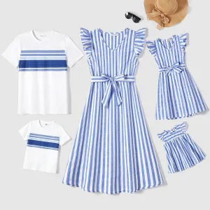 Family Matching Stripe Belted Dresses and 100% Cotton Short-sleeve T-shirts Sets
