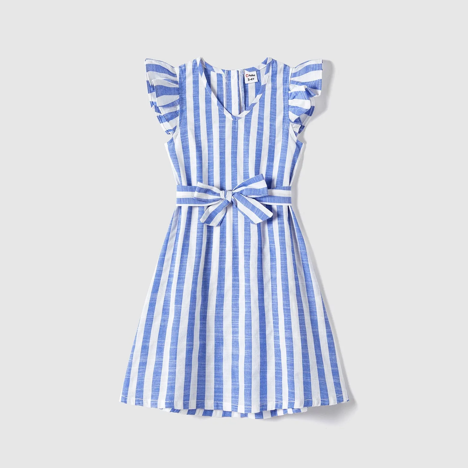 Family Matching Stripe Belted Dresses and 100% Cotton Short-sleeve T-shirts Sets
