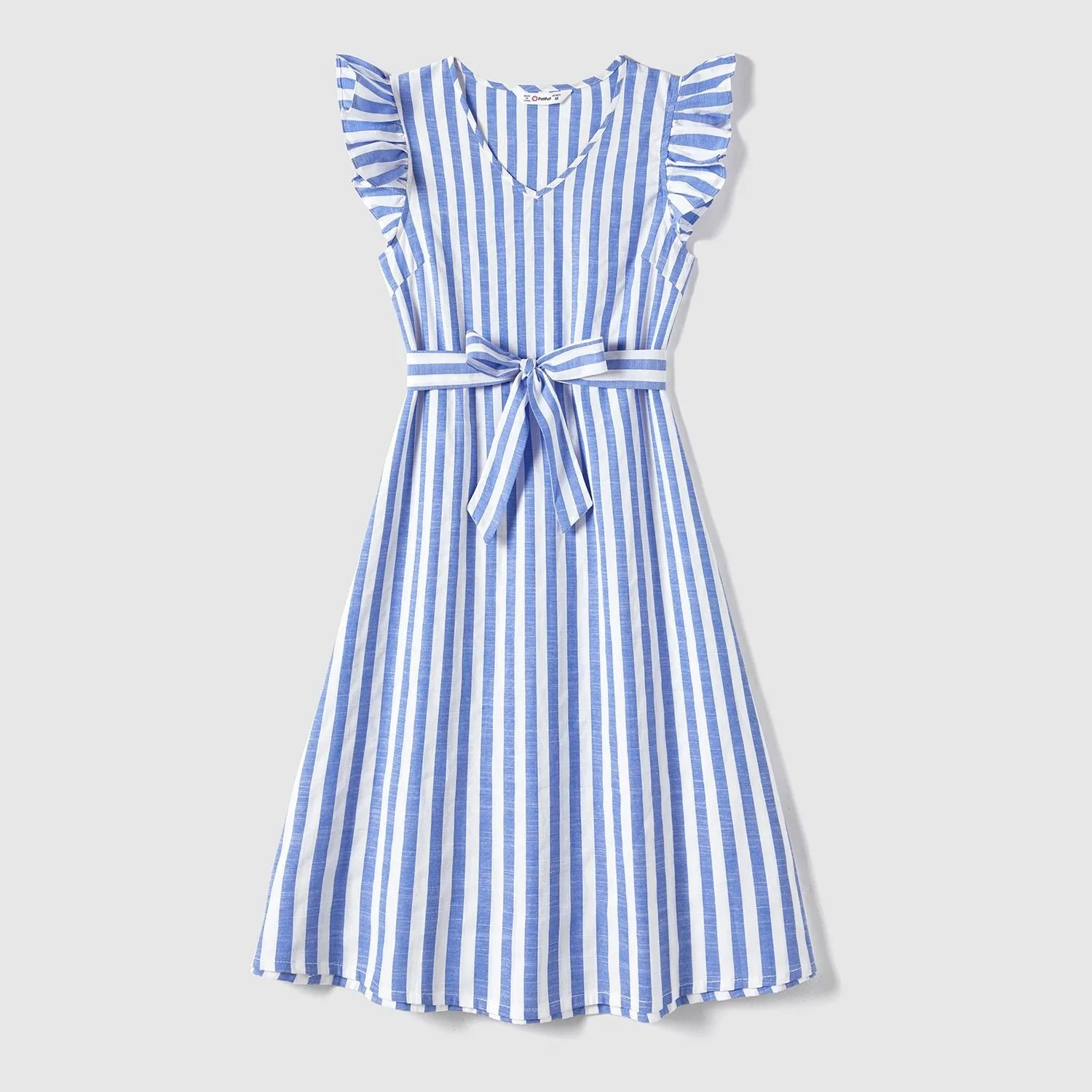 Family Matching Stripe Belted Dresses and 100% Cotton Short-sleeve T-shirts Sets