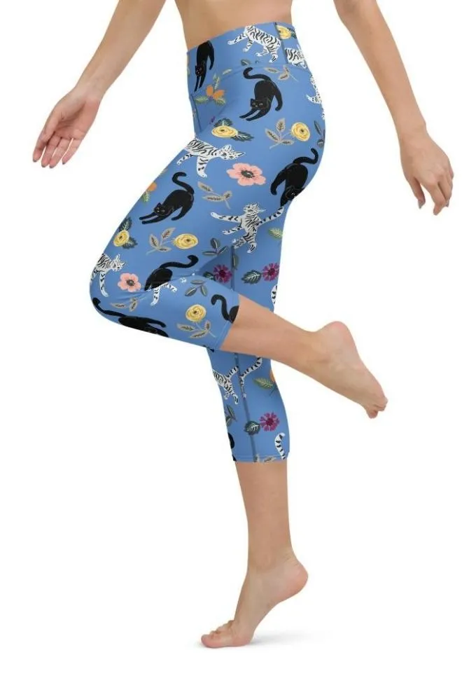 Feline & Flower Pattern Yoga Capris