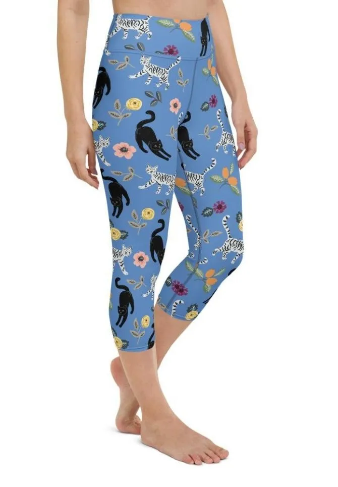 Feline & Flower Pattern Yoga Capris
