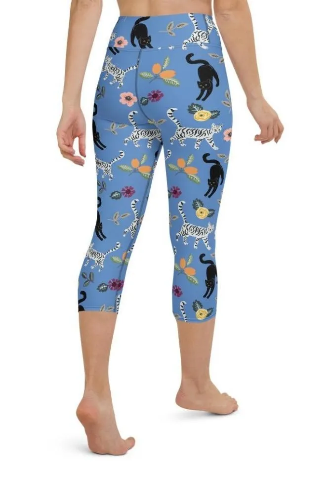 Feline & Flower Pattern Yoga Capris