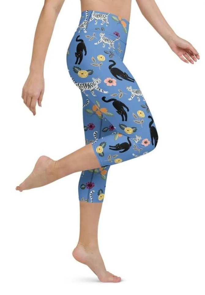 Feline & Flower Pattern Yoga Capris