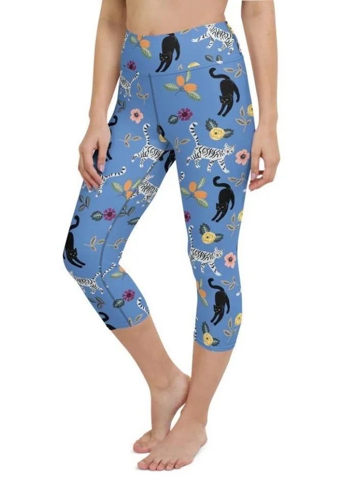 Feline & Flower Pattern Yoga Capris