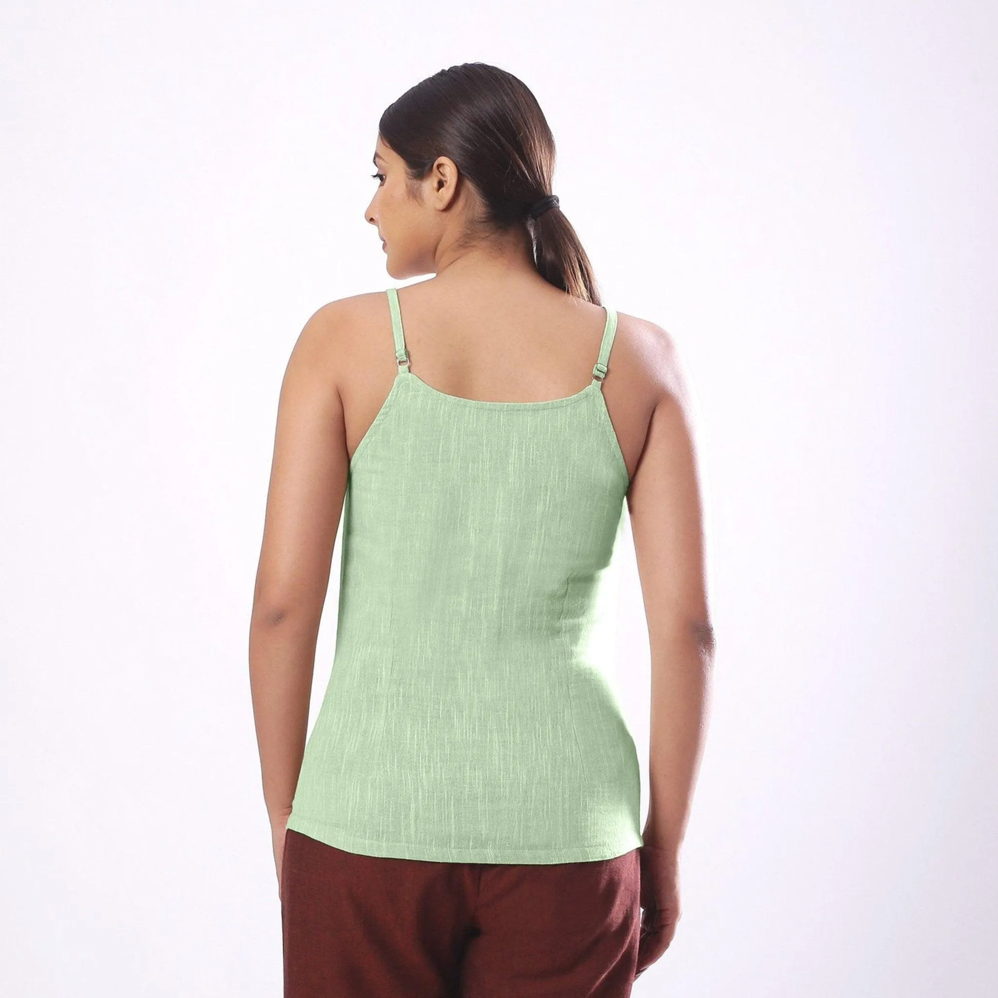 Green Yarn Dyed Cotton Slim Fit Spaghetti Top
