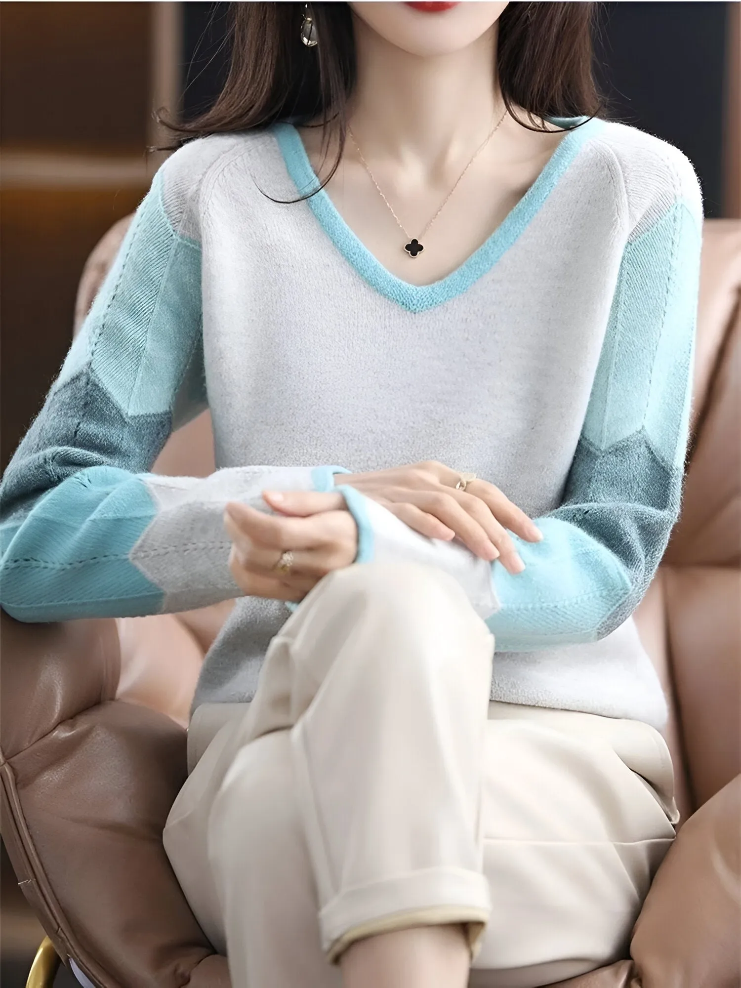 Ivyshape | Comfortable & Stylish Patchwork V-Neck Sweater