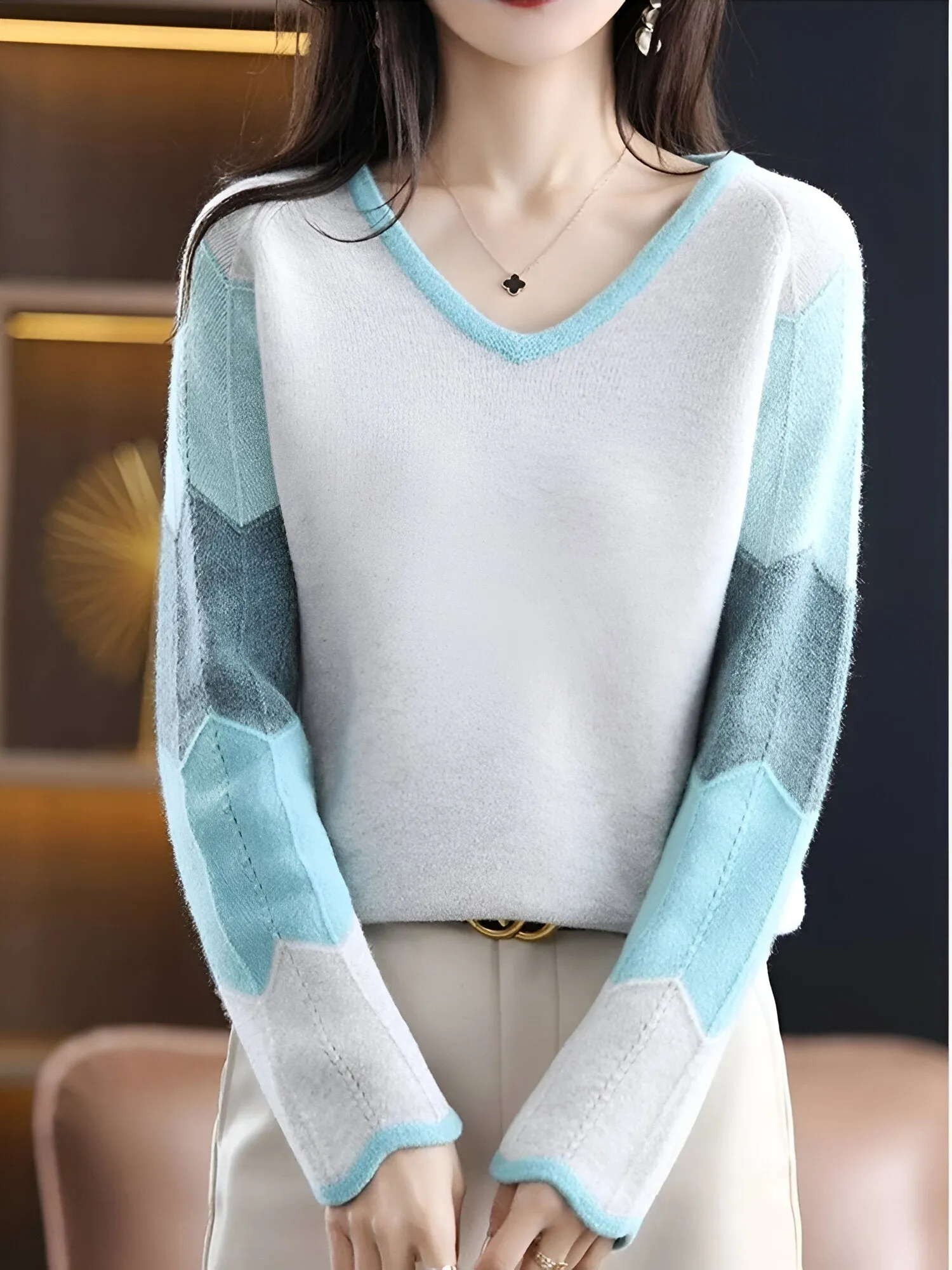 Ivyshape | Comfortable & Stylish Patchwork V-Neck Sweater