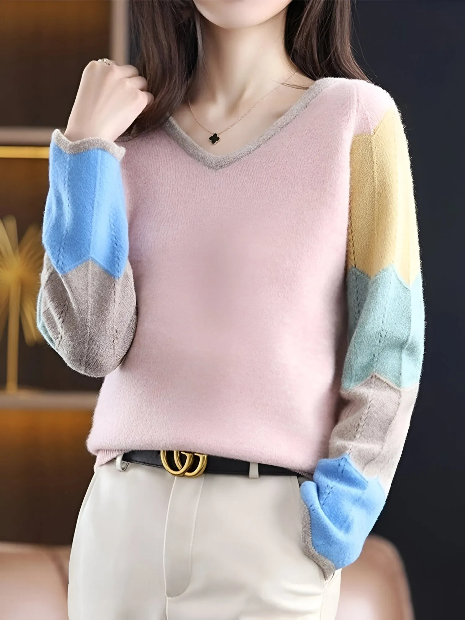 Ivyshape | Comfortable & Stylish Patchwork V-Neck Sweater