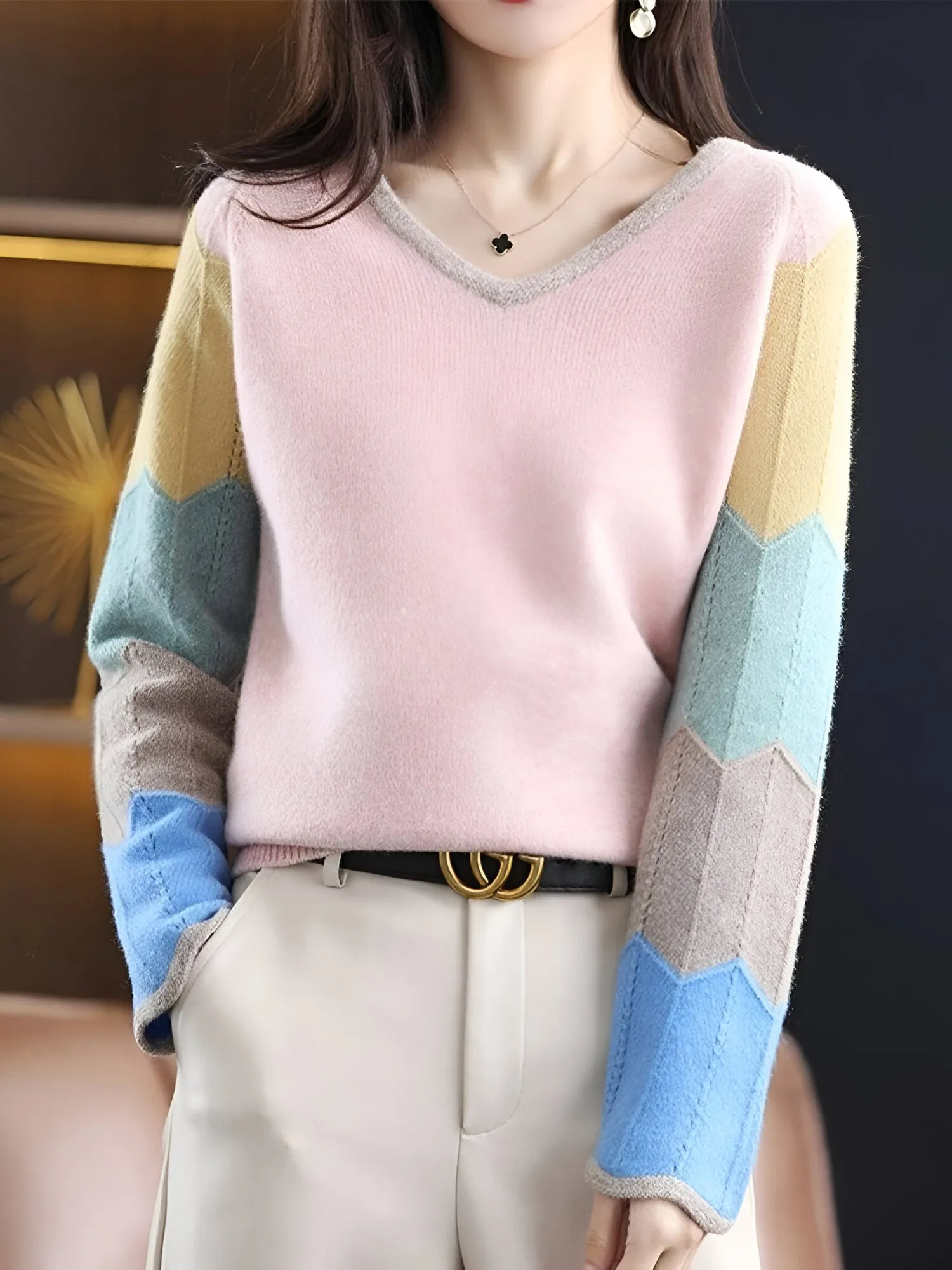 Ivyshape | Comfortable & Stylish Patchwork V-Neck Sweater