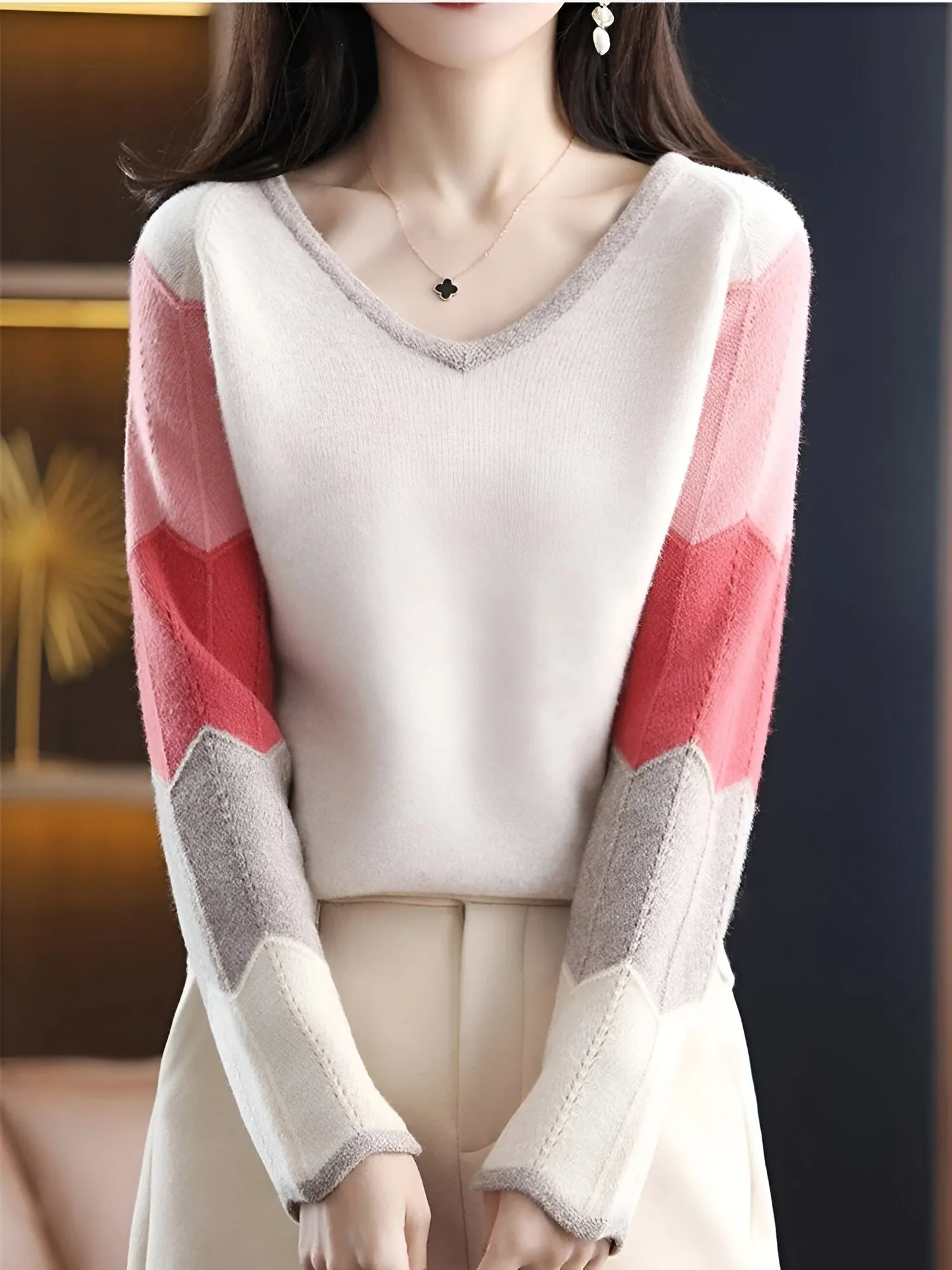 Ivyshape | Comfortable & Stylish Patchwork V-Neck Sweater