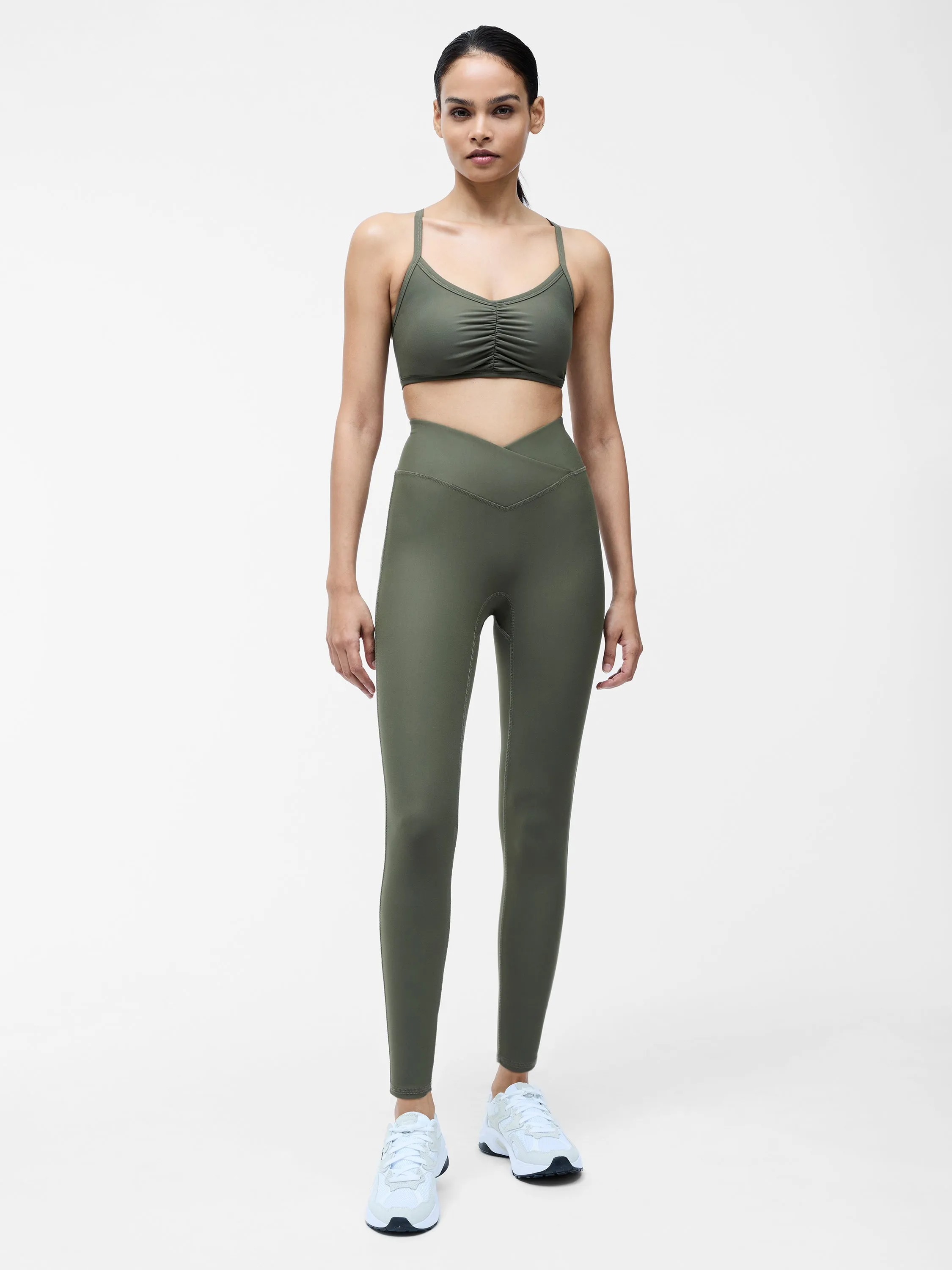 Khaki High-Waisted Crossover Gym Leggings