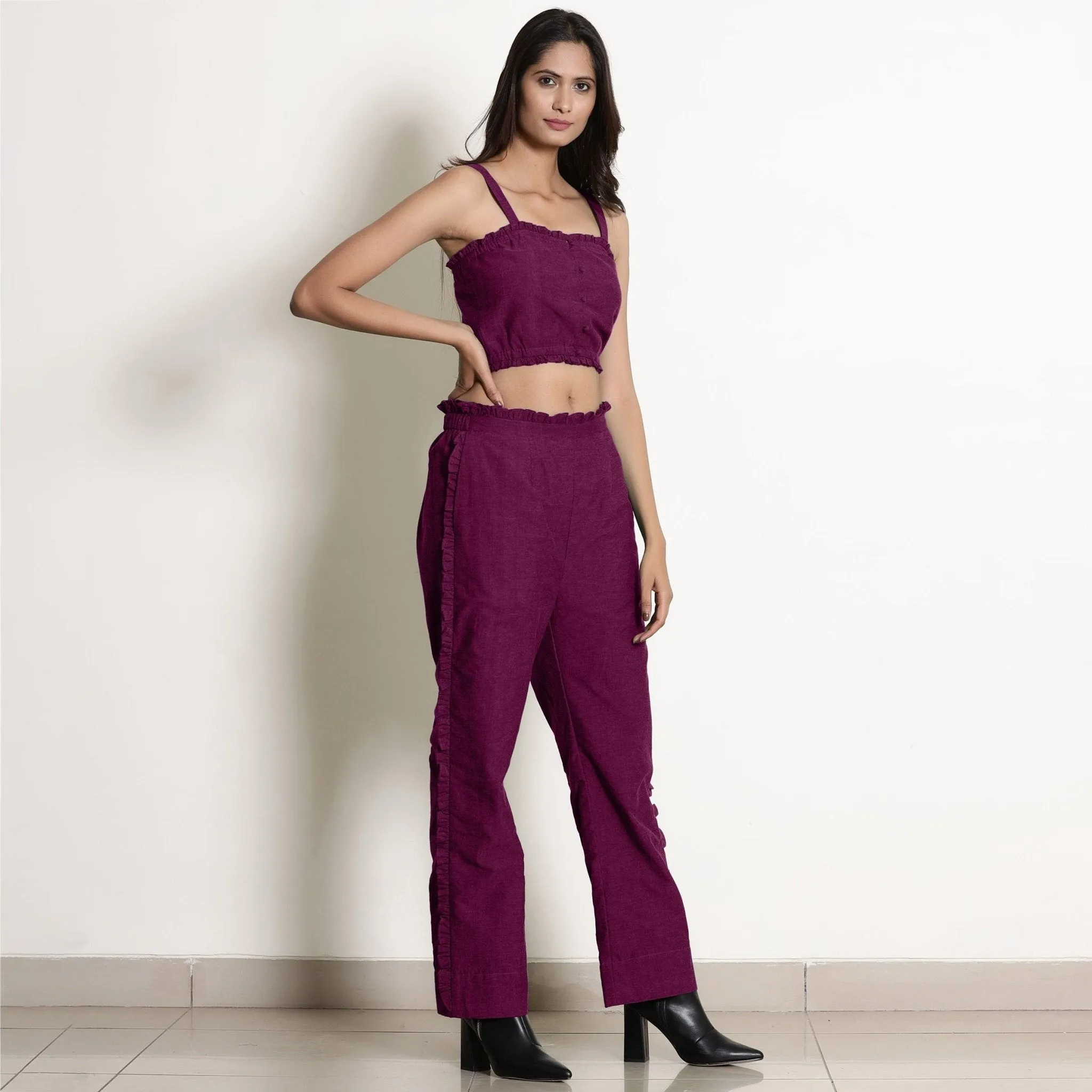 Magenta Warm Cotton Frilled Bustier Crop Top