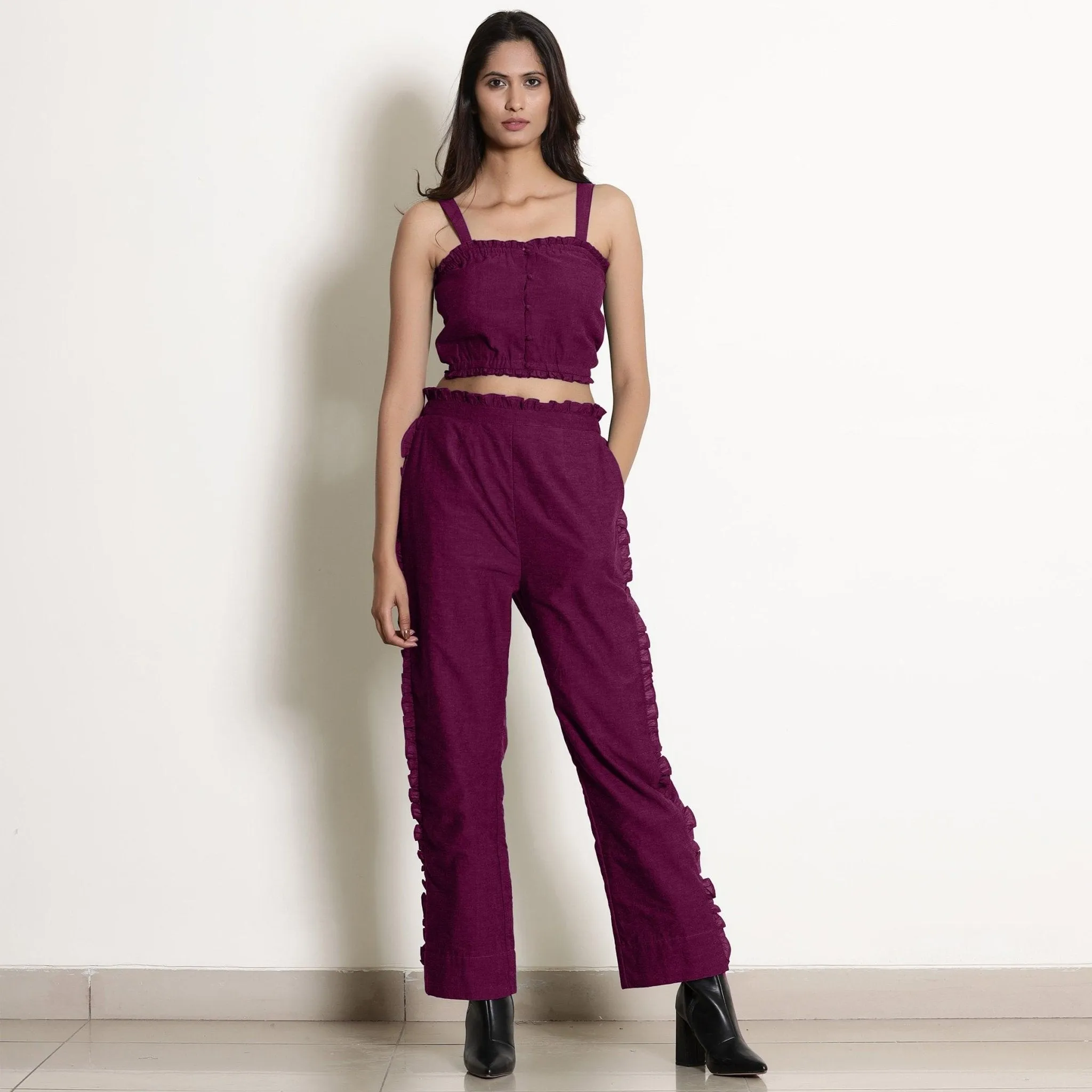 Magenta Warm Cotton Frilled Bustier Crop Top