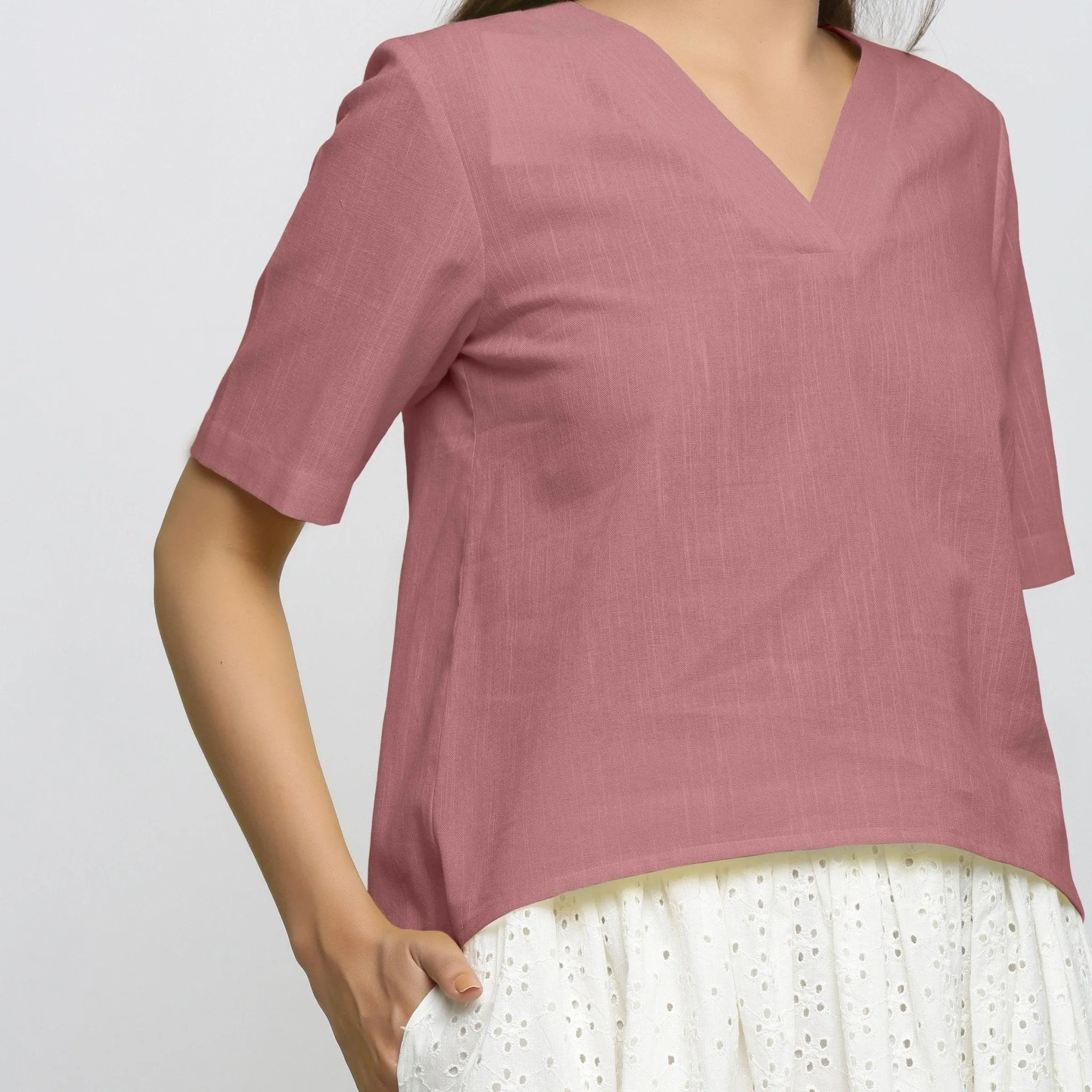 Magenta Yarn Dyed Cotton V-Neck High-Low Top