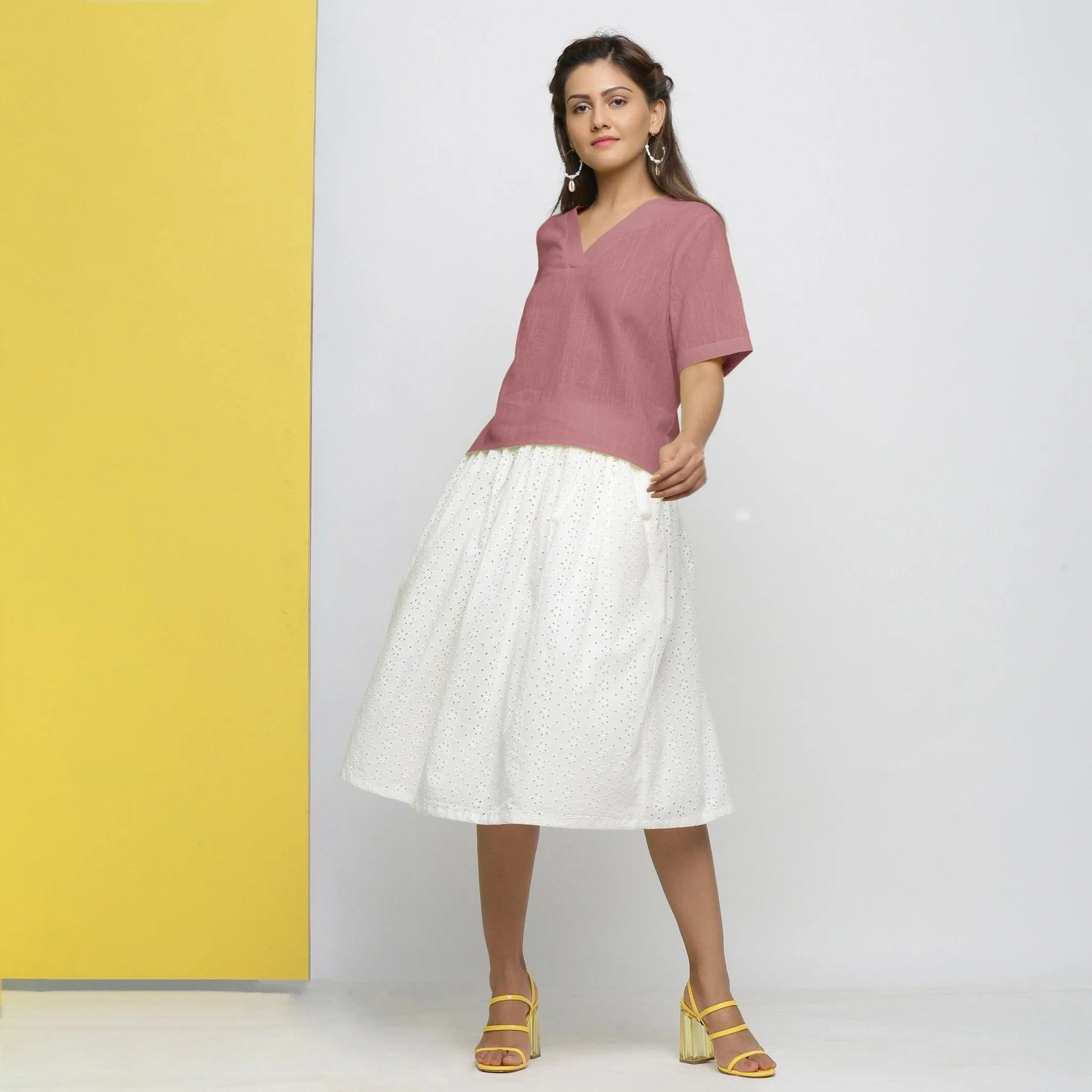 Magenta Yarn Dyed Cotton V-Neck High-Low Top