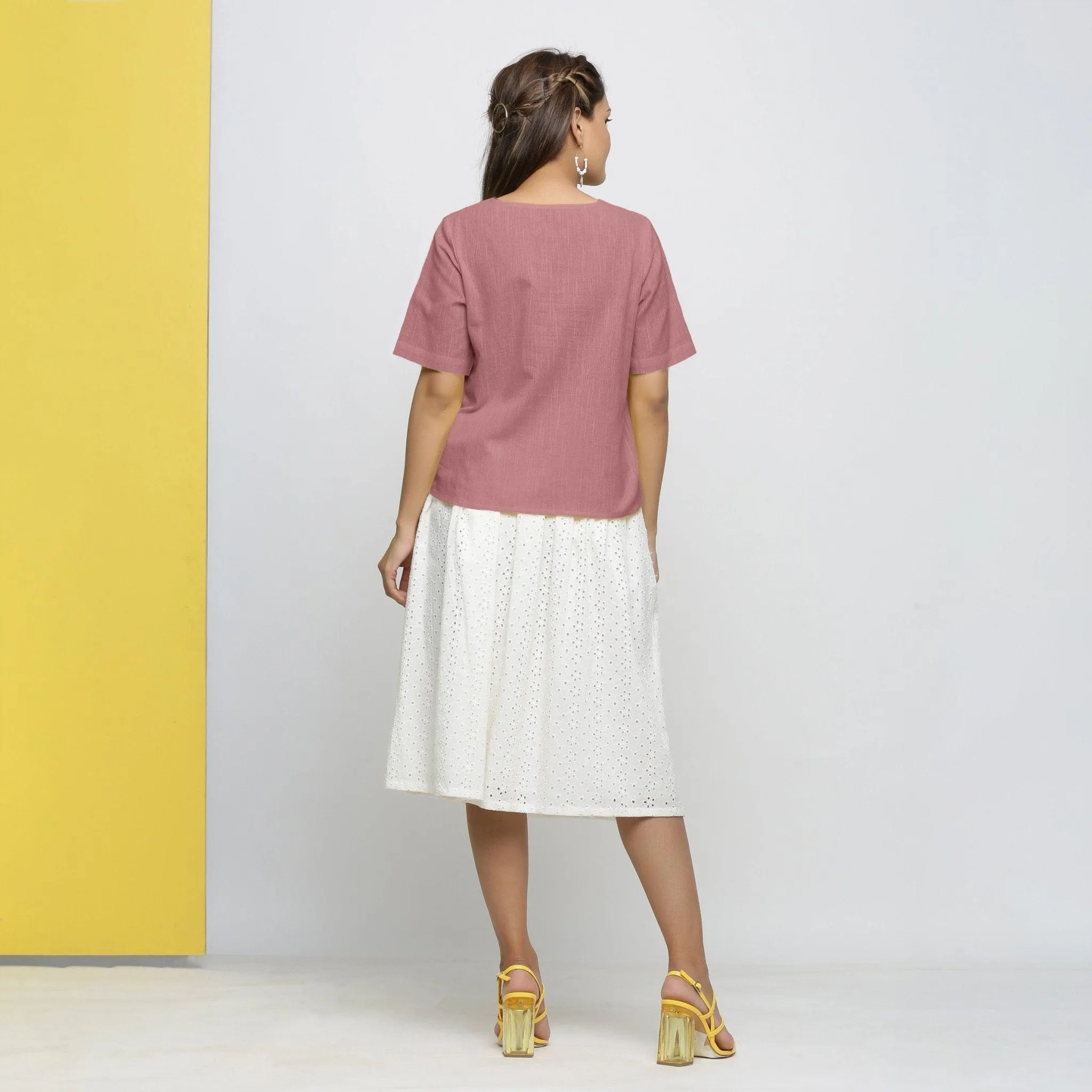 Magenta Yarn Dyed Cotton V-Neck High-Low Top