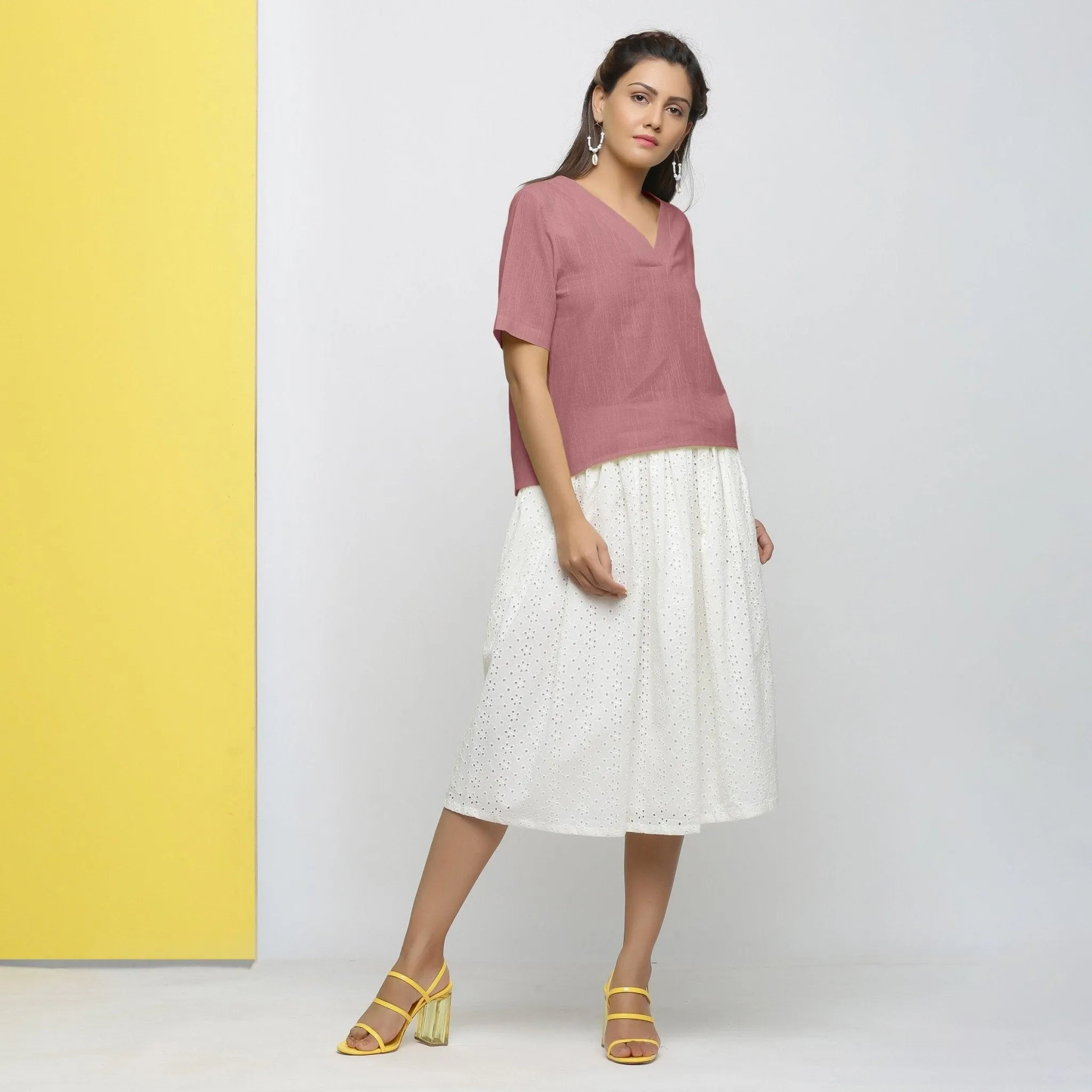 Magenta Yarn Dyed Cotton V-Neck High-Low Top