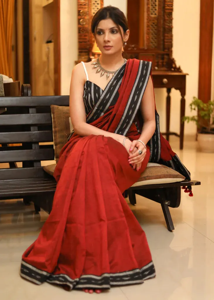 MAROON PLAIN COTTON SAREE WITH BEAUTIFUL BLACK IKAT BORDER