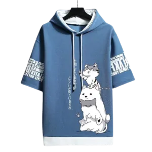 Men's Harajuku Streetwear Hoodies, Summer Cartoon Print Short Sleeve Sweatshirts, Casual Hooded Top, Japan Fashion Men's Clothing