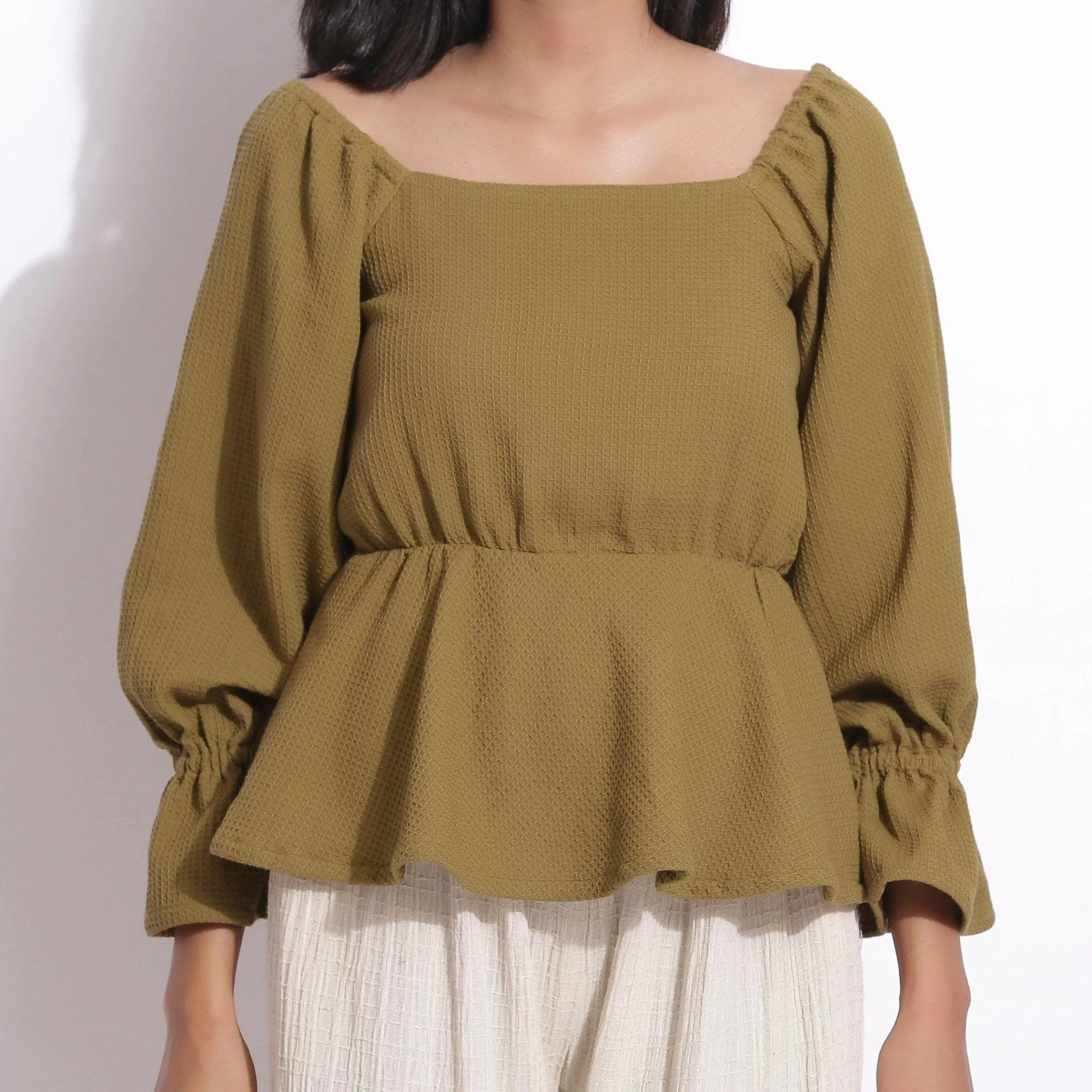 Olive Green Warm Cotton Waffle Peplum Top