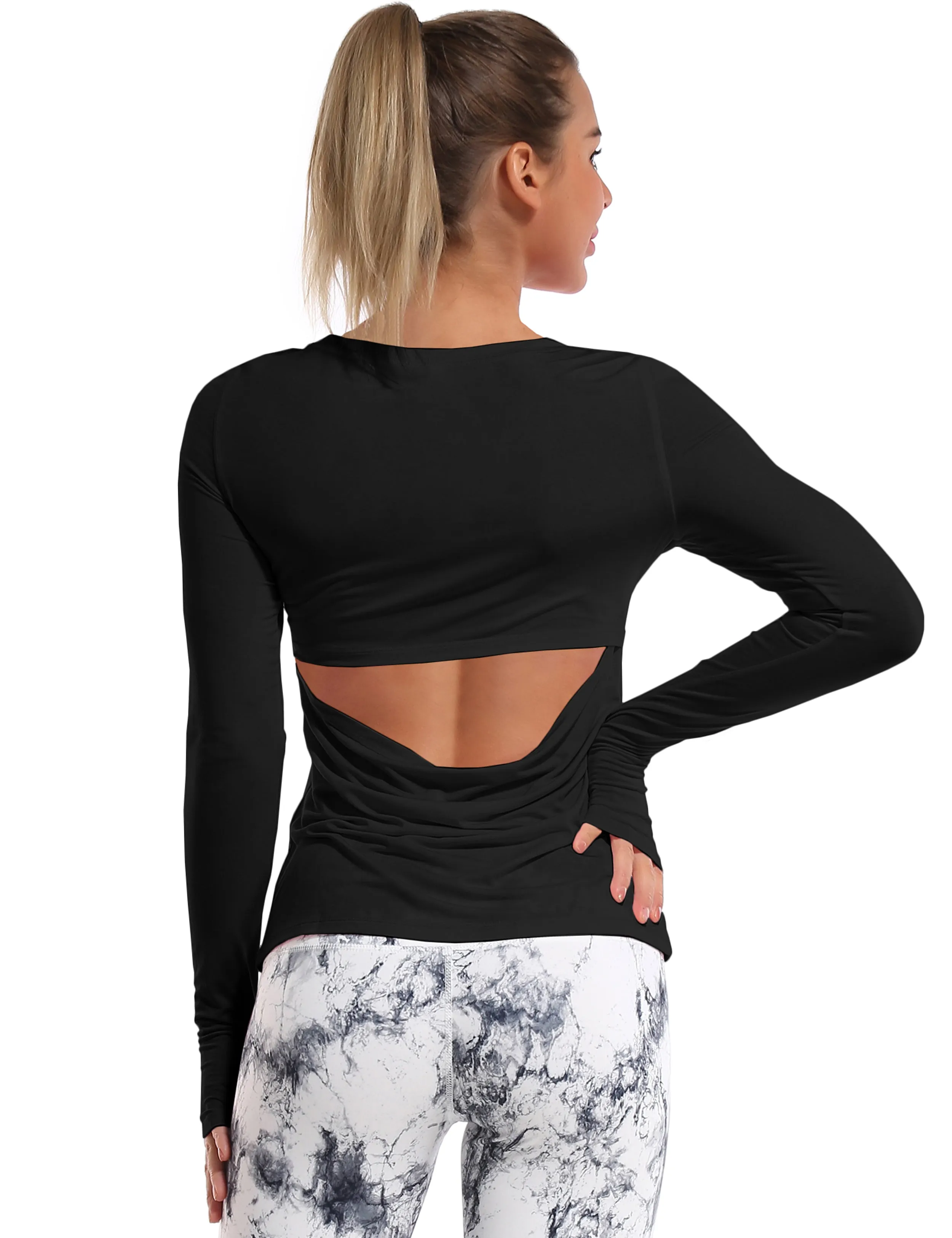 Open Back Long Sleeve Tops black_Tall Size