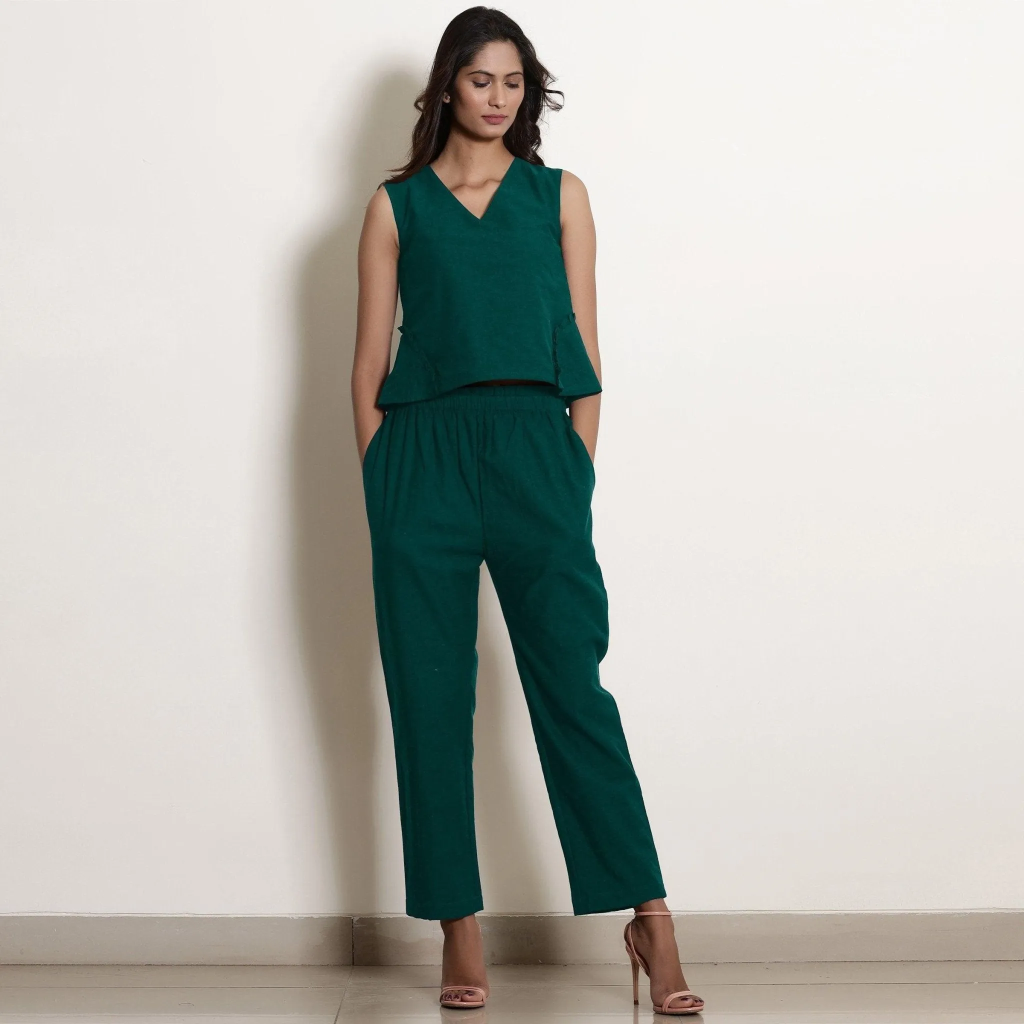Pine Green Warm Cotton Sleeveless Frilled Godet Top