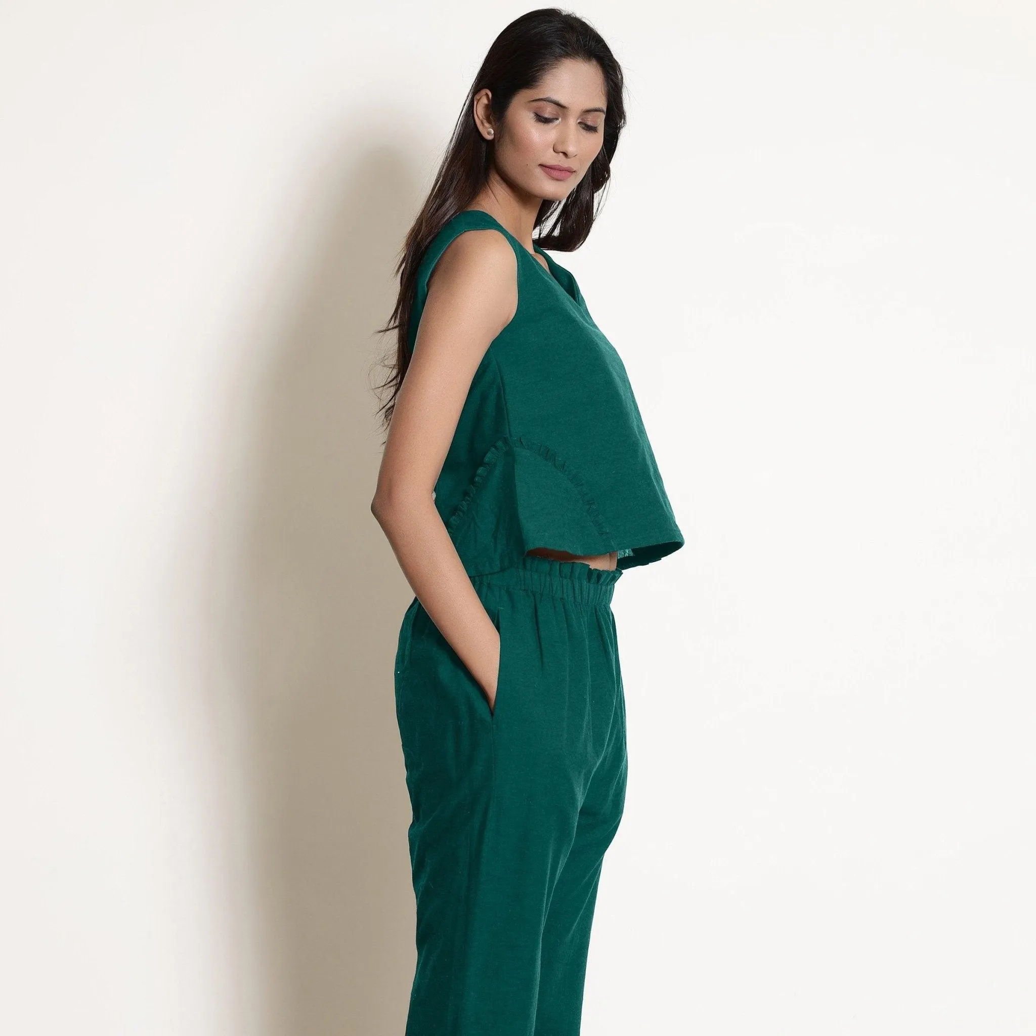 Pine Green Warm Cotton Sleeveless Frilled Godet Top