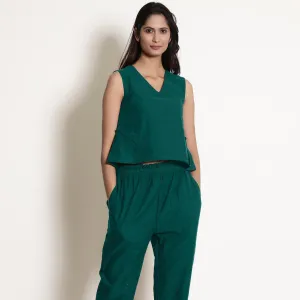 Pine Green Warm Cotton Sleeveless Frilled Godet Top
