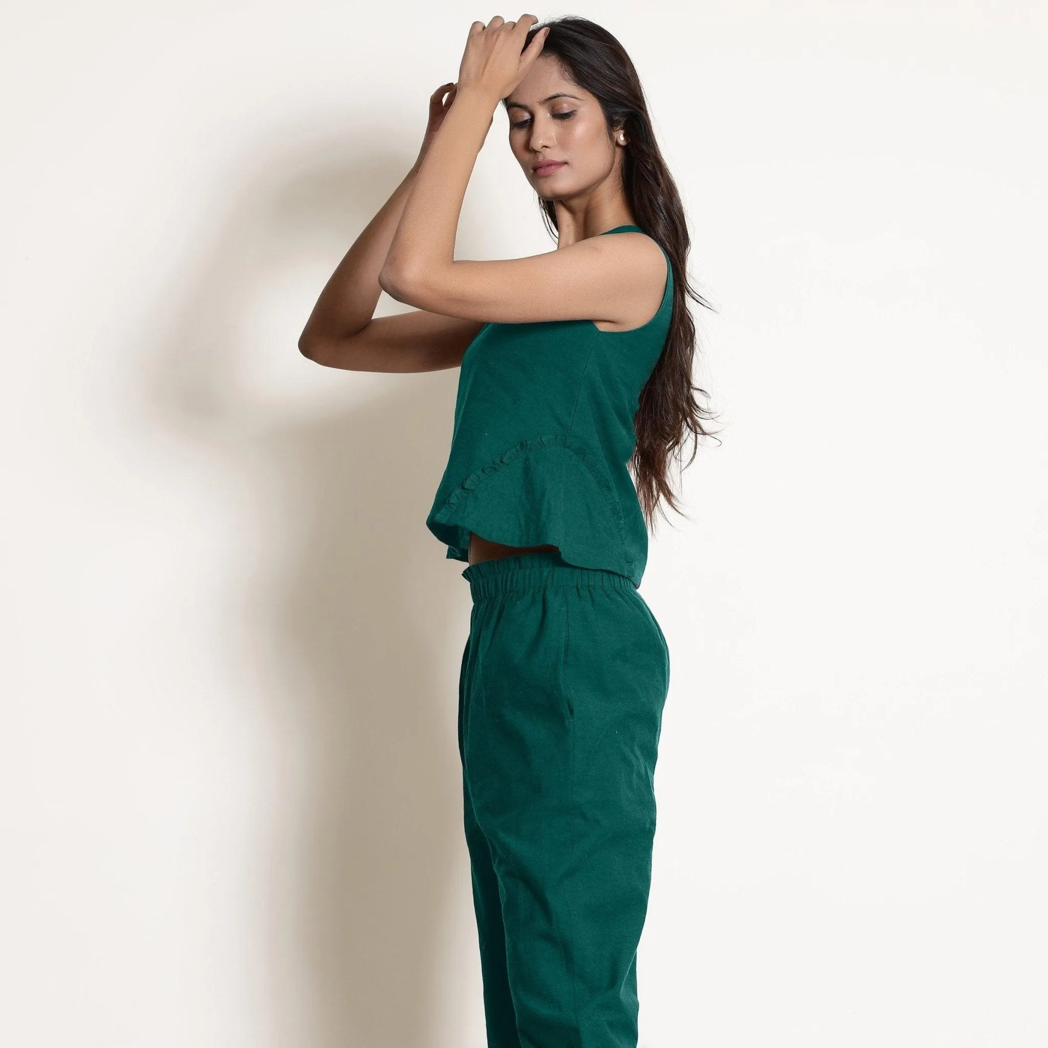 Pine Green Warm Cotton Sleeveless Frilled Godet Top