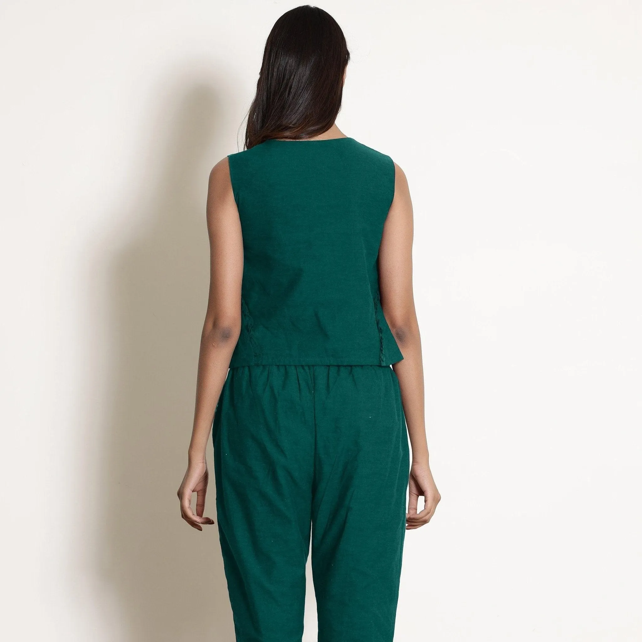 Pine Green Warm Cotton Sleeveless Frilled Godet Top