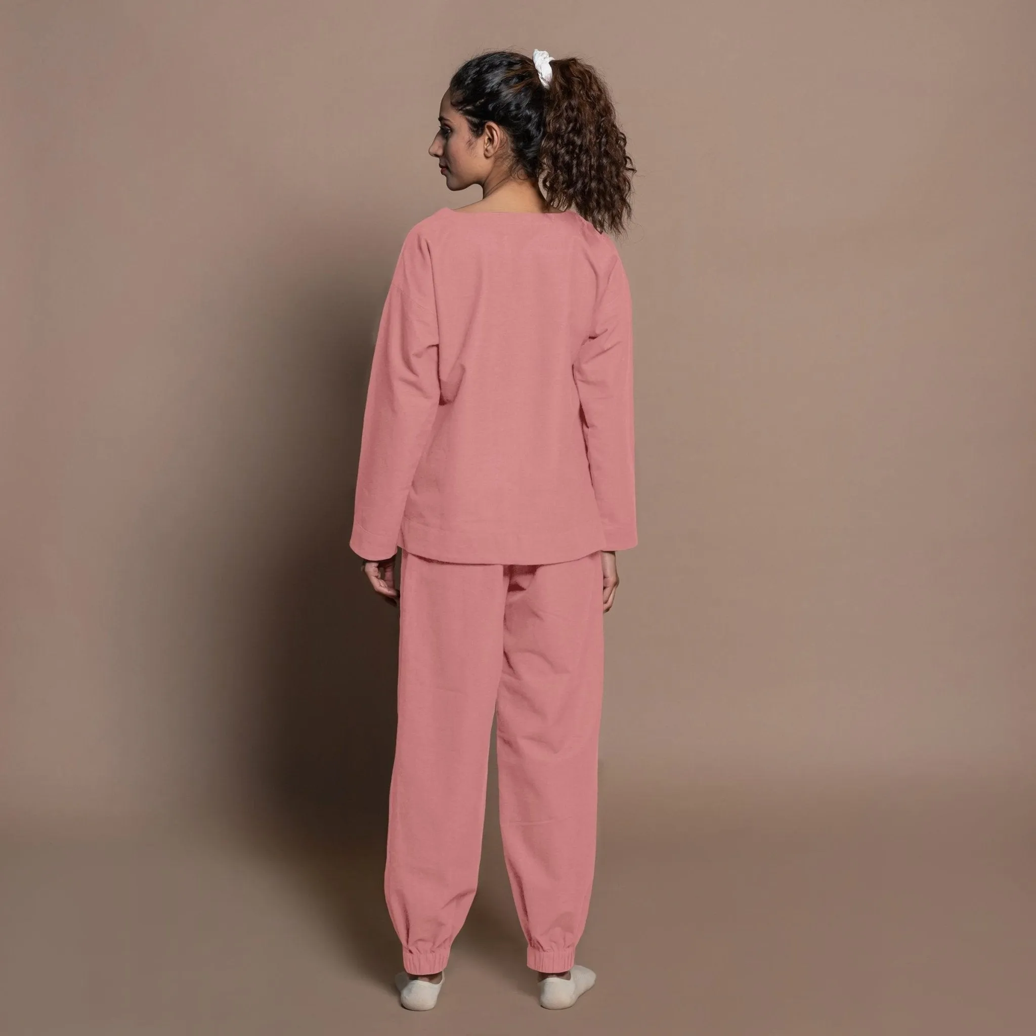 Pink Warm Cotton Flannel Round Neck Sweatshirt