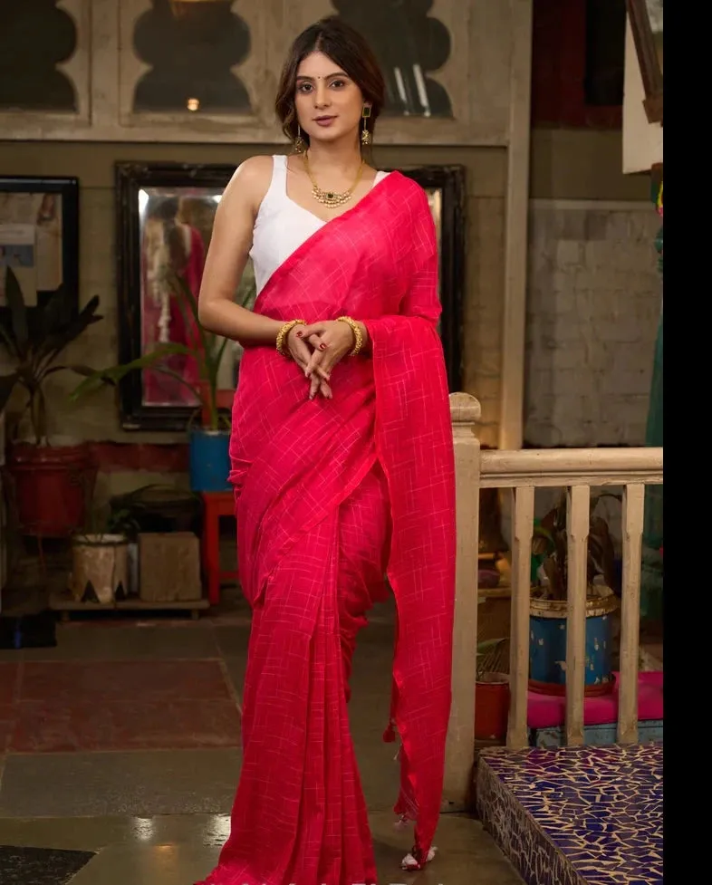 ROSE PINK COTTON PLAIN SAREE WITH TASSELS