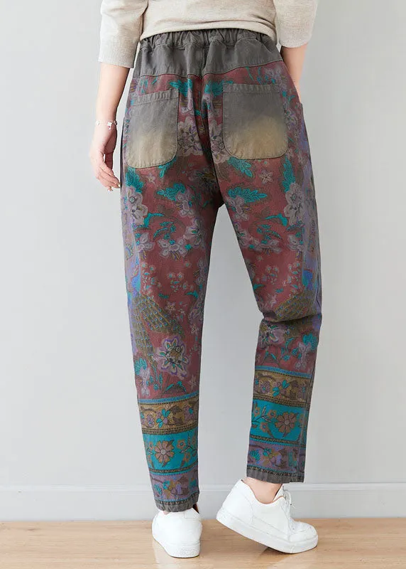 Unique Grey tie waist Pockets Patchwork print Pants Spring