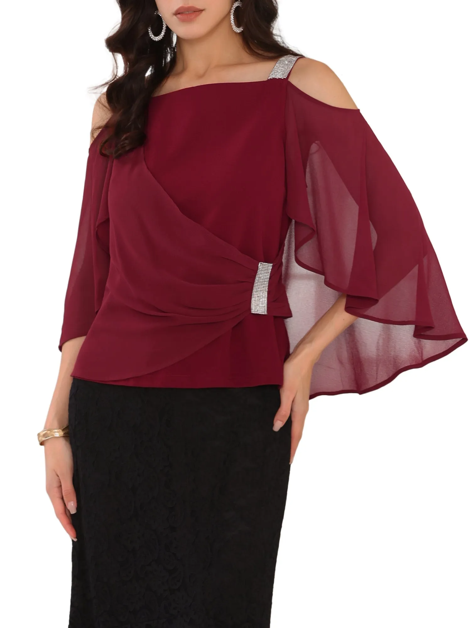 Women's Cold Shoulder Top Elegant Chiffon Ruched Cocktail Blouse